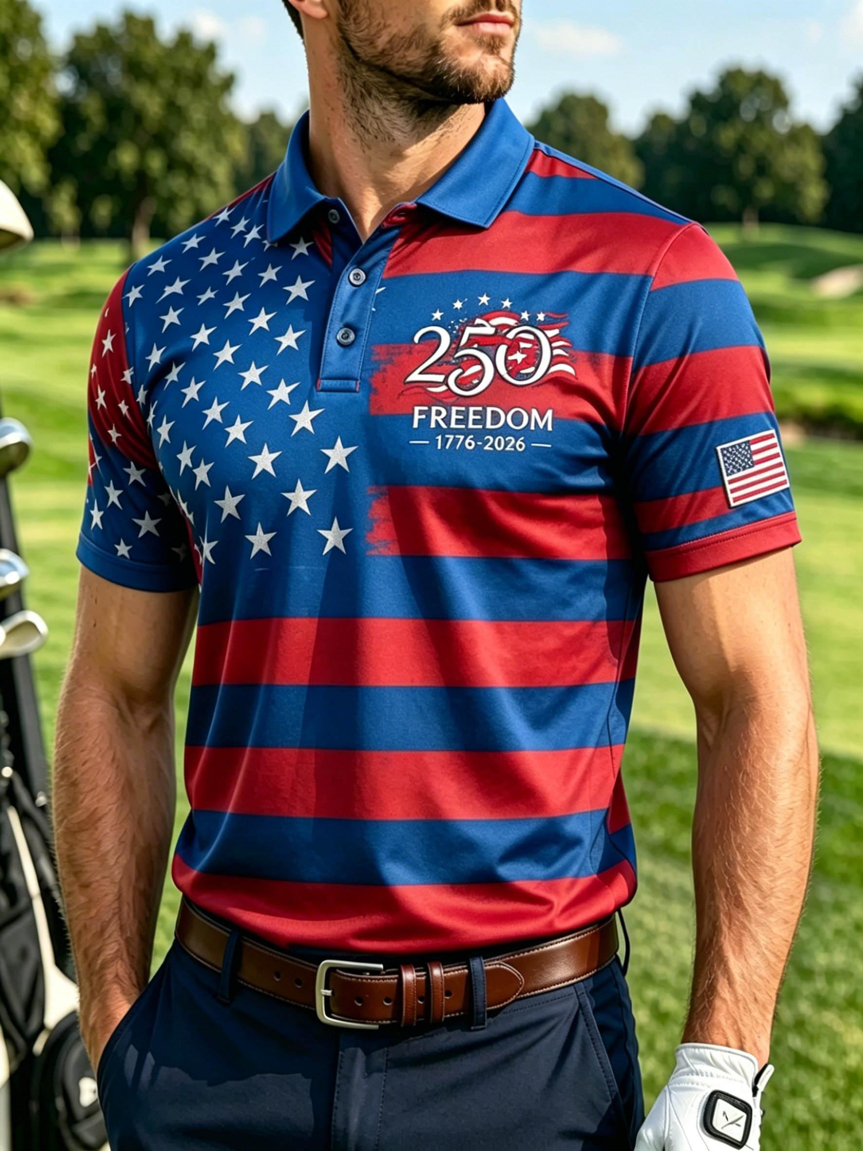 Men Split Star Stripe American Flag 250 Years Freedom Patriotic Golf Polo Shirt