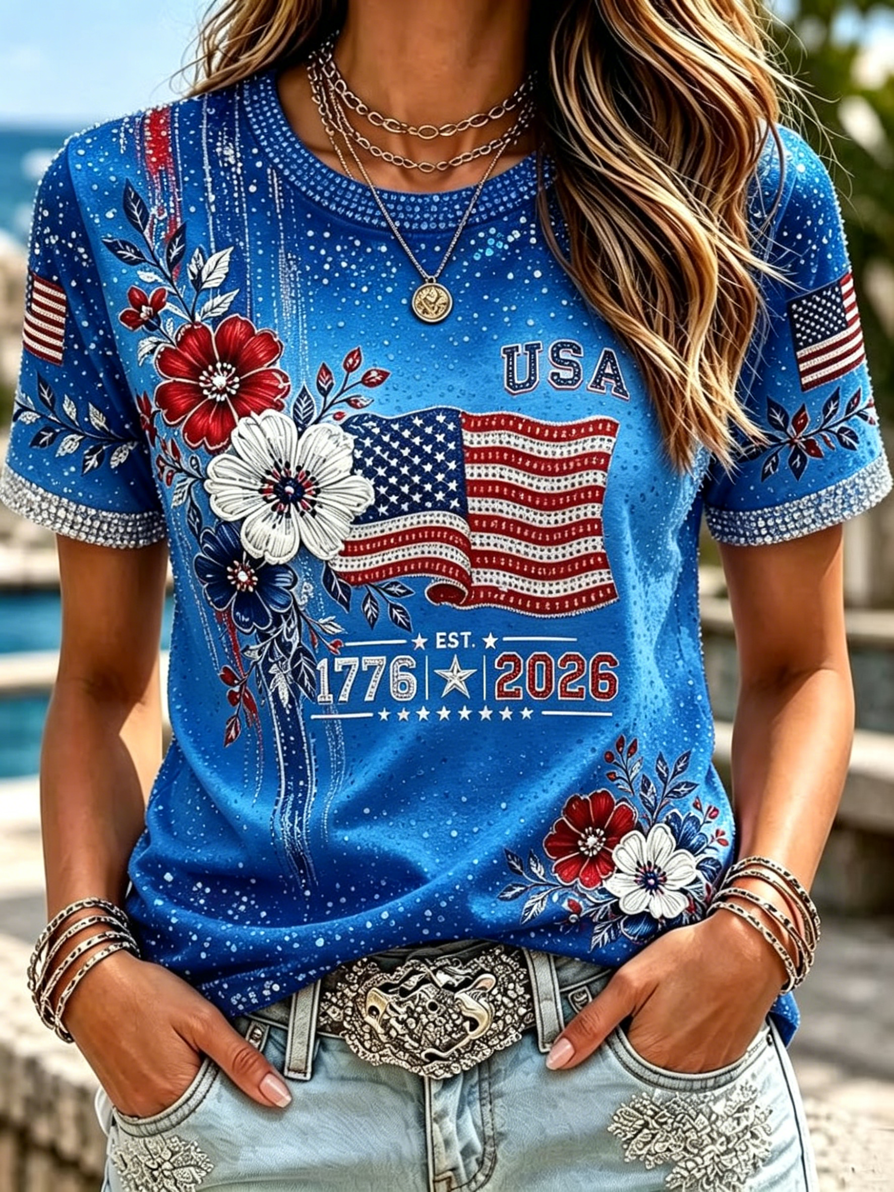 Vintage Distressed Sparkle Patriotic Floral US Flag Printed Short Sleeve Crew Neck Women Holiday T-Shirt