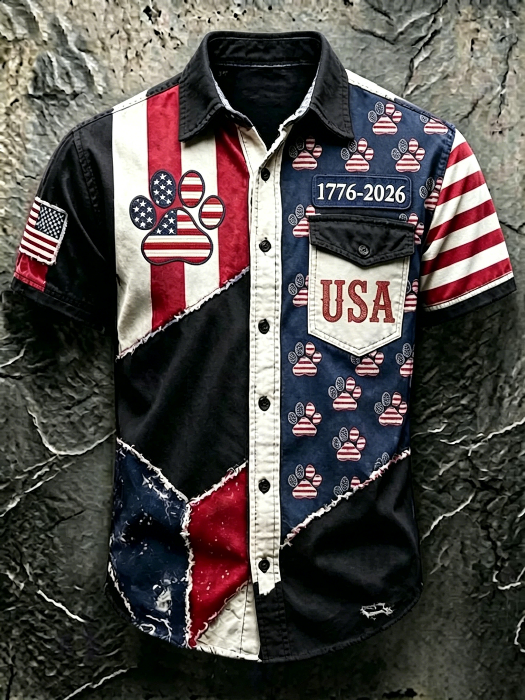 Vintage Wash Distressed Patchwork Short Sleeve Shirt American Flag Paw Graphic Lapel Button Down Casual Top For Men