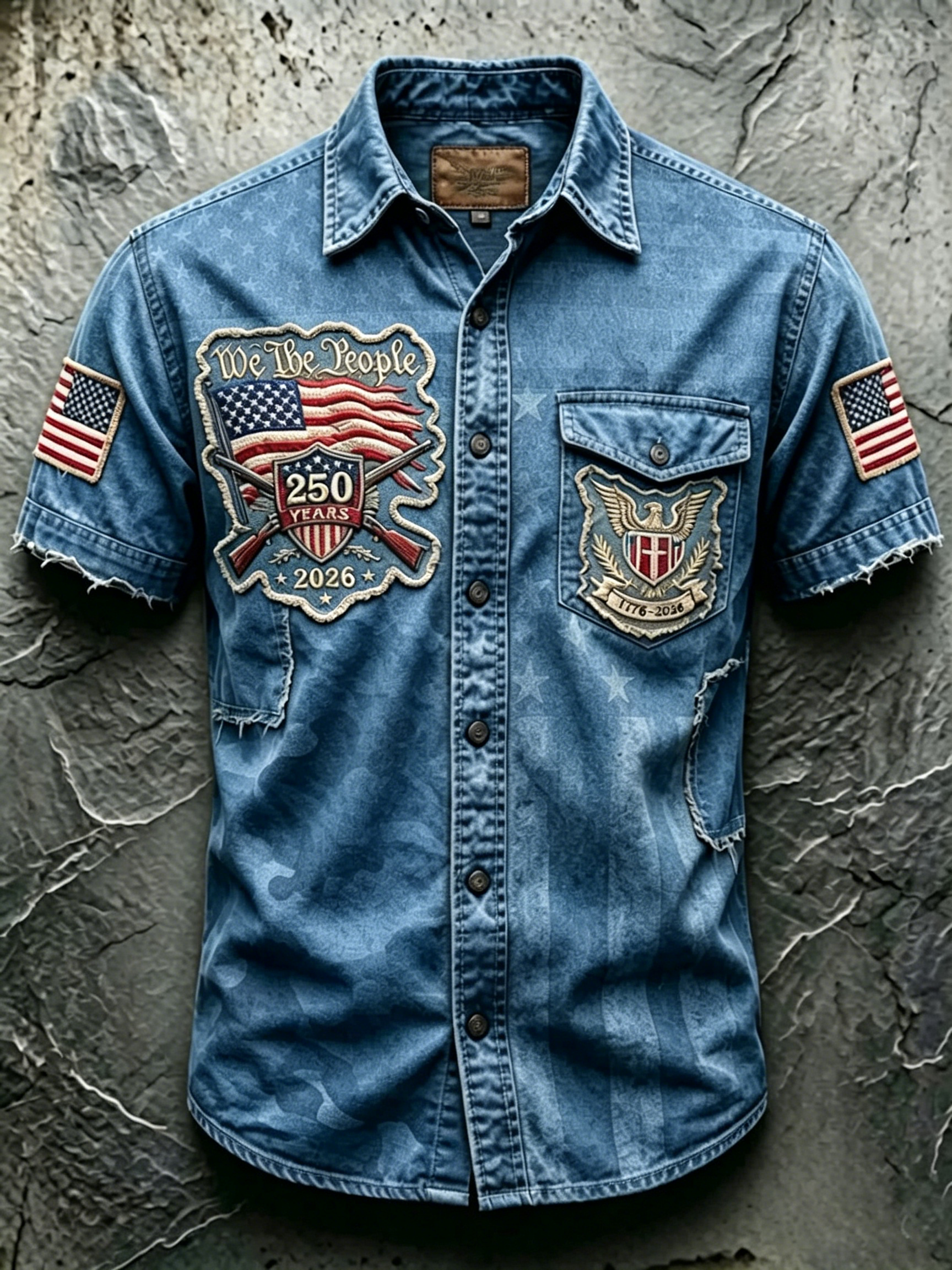 Frayed Edge Camo Patriotic Letter Print Lapel Collar Casual Denim Shirt For Men