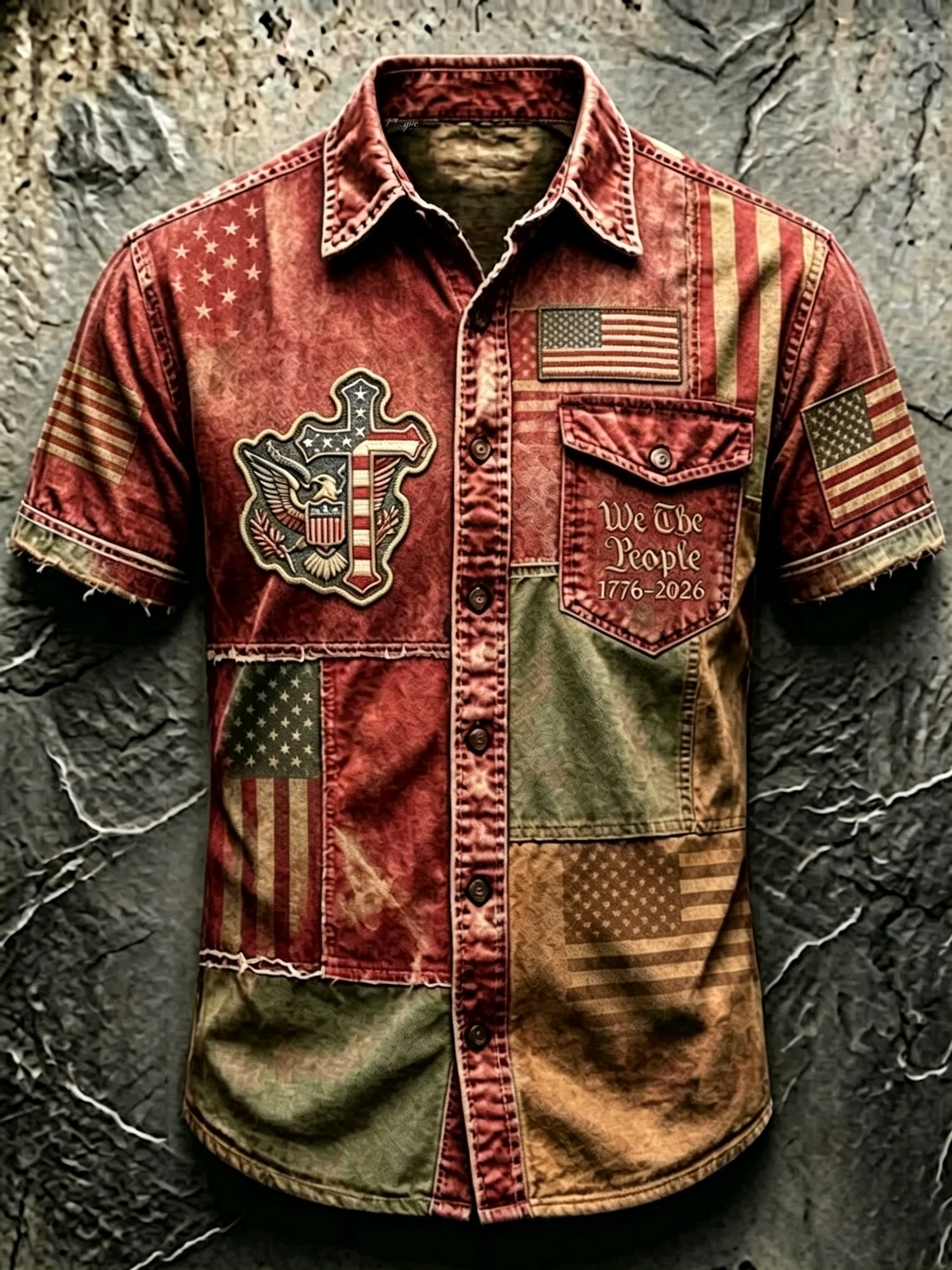 [Copy]Frayed Edge Camo Patriotic Letter Print Lapel Collar Casual Denim Shirt For Men