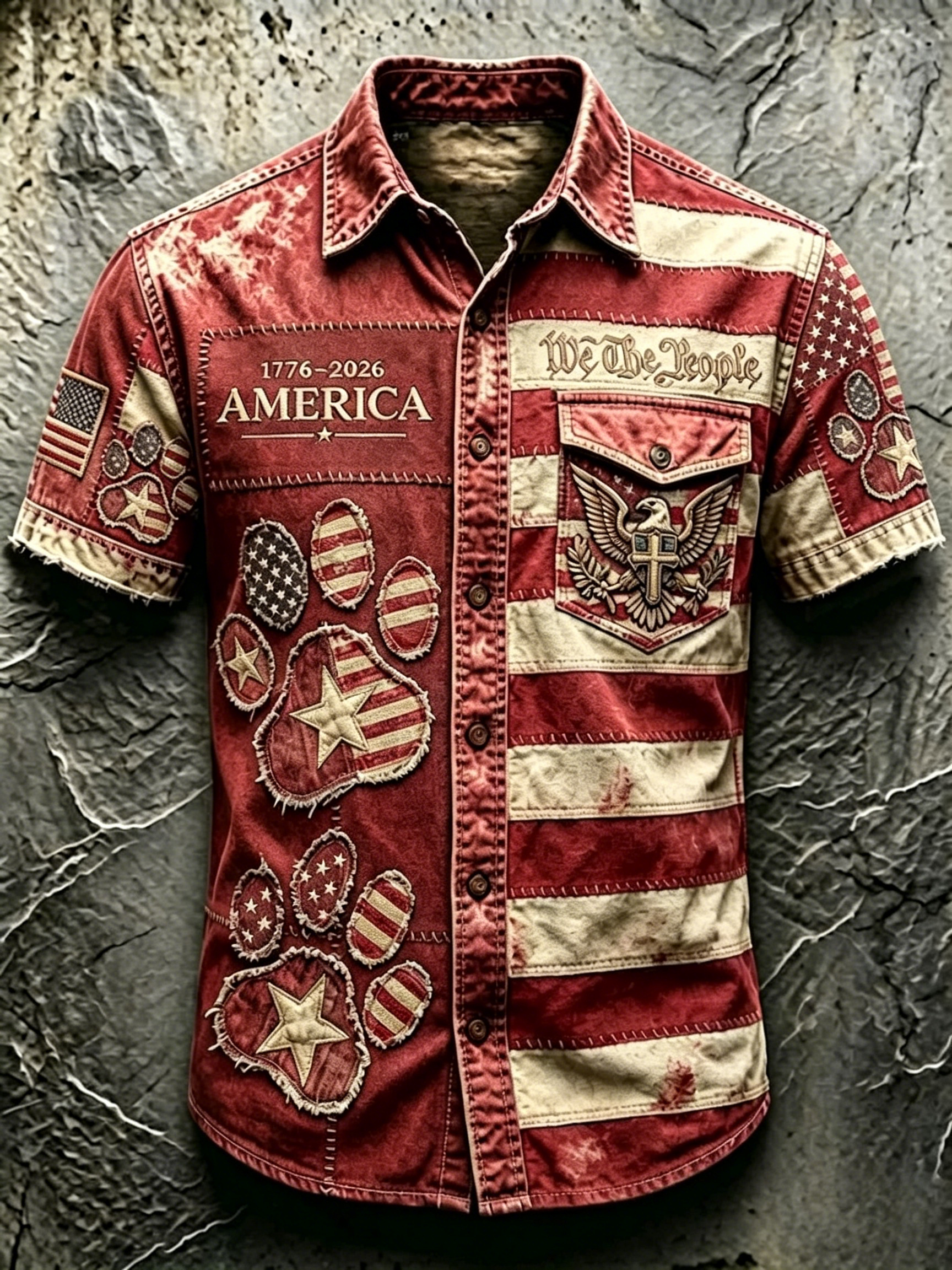 Frayed Edge Color Block Flag Patchwork Casual Denim Shirt For Men