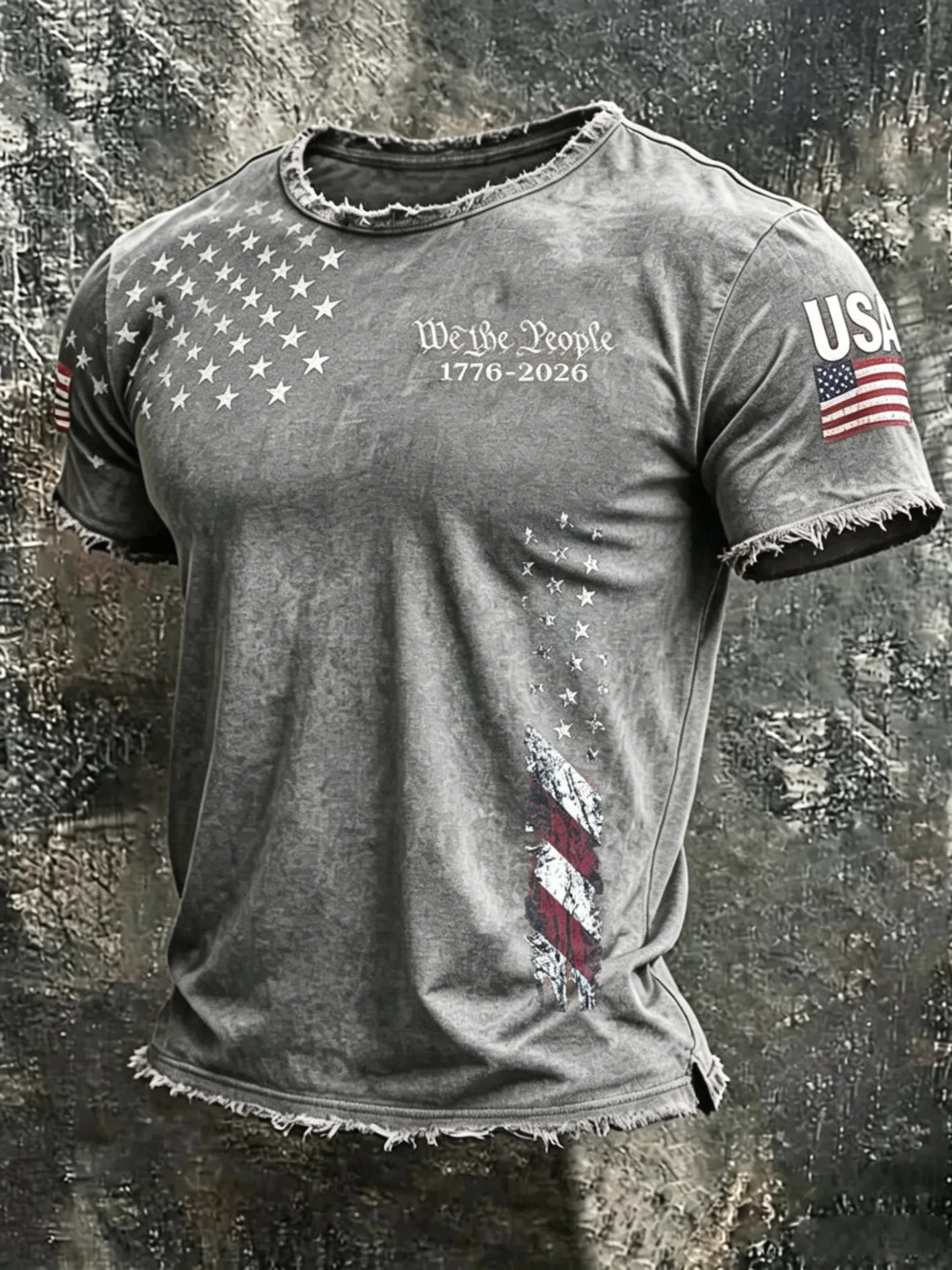 Men's America 250Th Anniversary We The People Distressed Fringed Flag Print T-Shirt