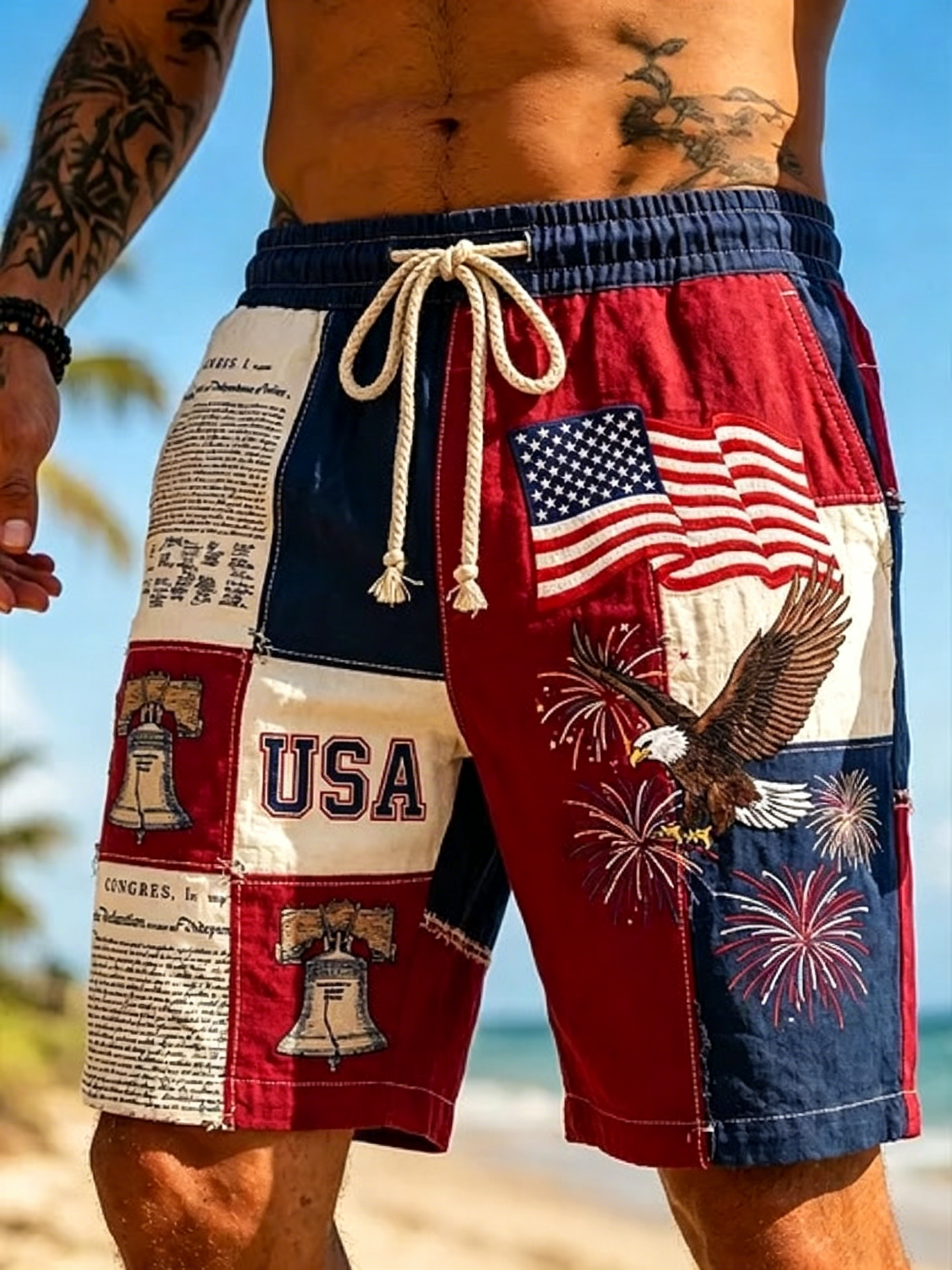 Camo American Flag Eagle Patchwork Men’s Outdoor Fishing Casual Shorts