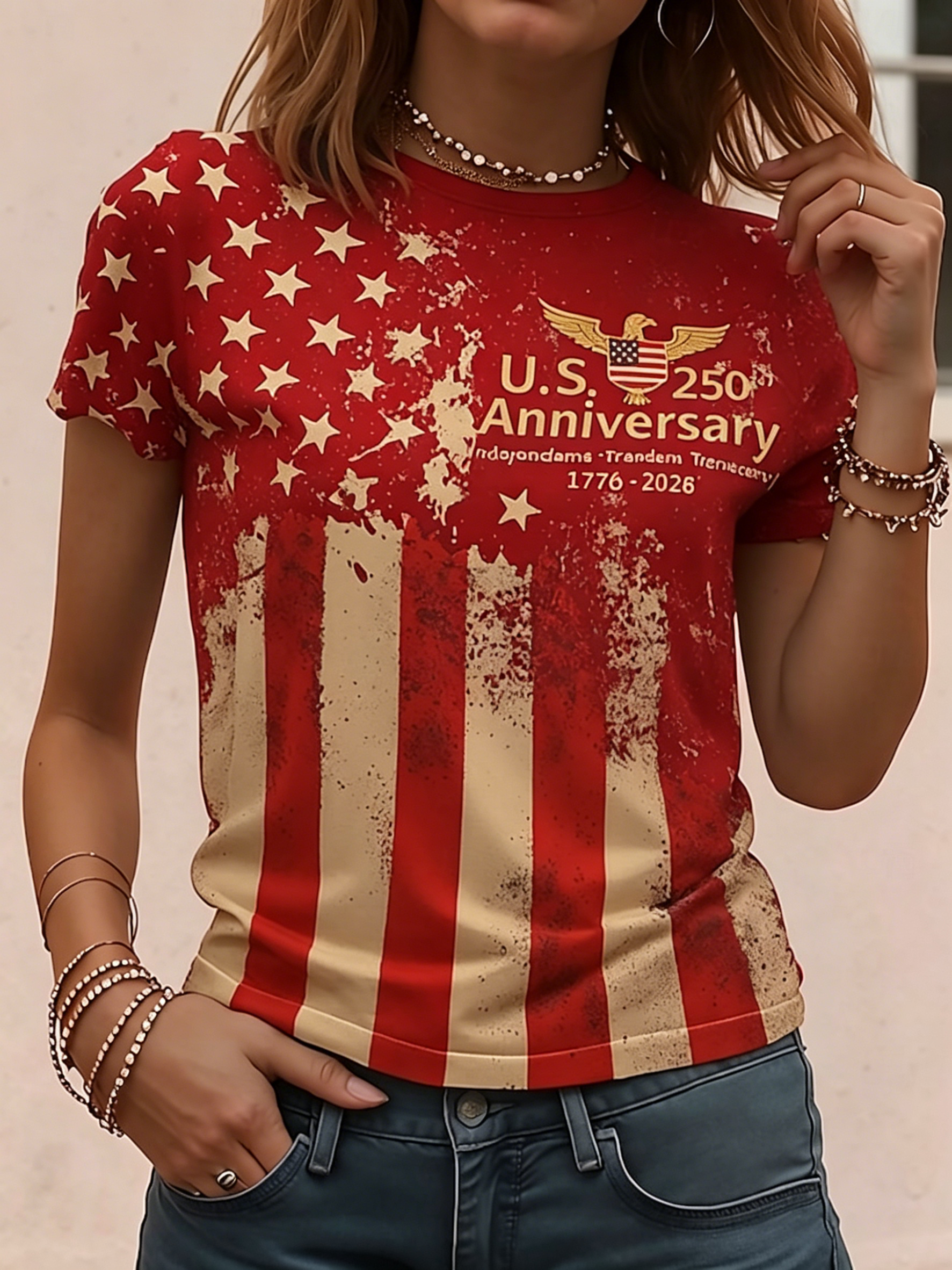 Women’s Vintage American Flag Print T-Shirt, U.S. 250th Anniversary Patriotic Short Sleeve Tee