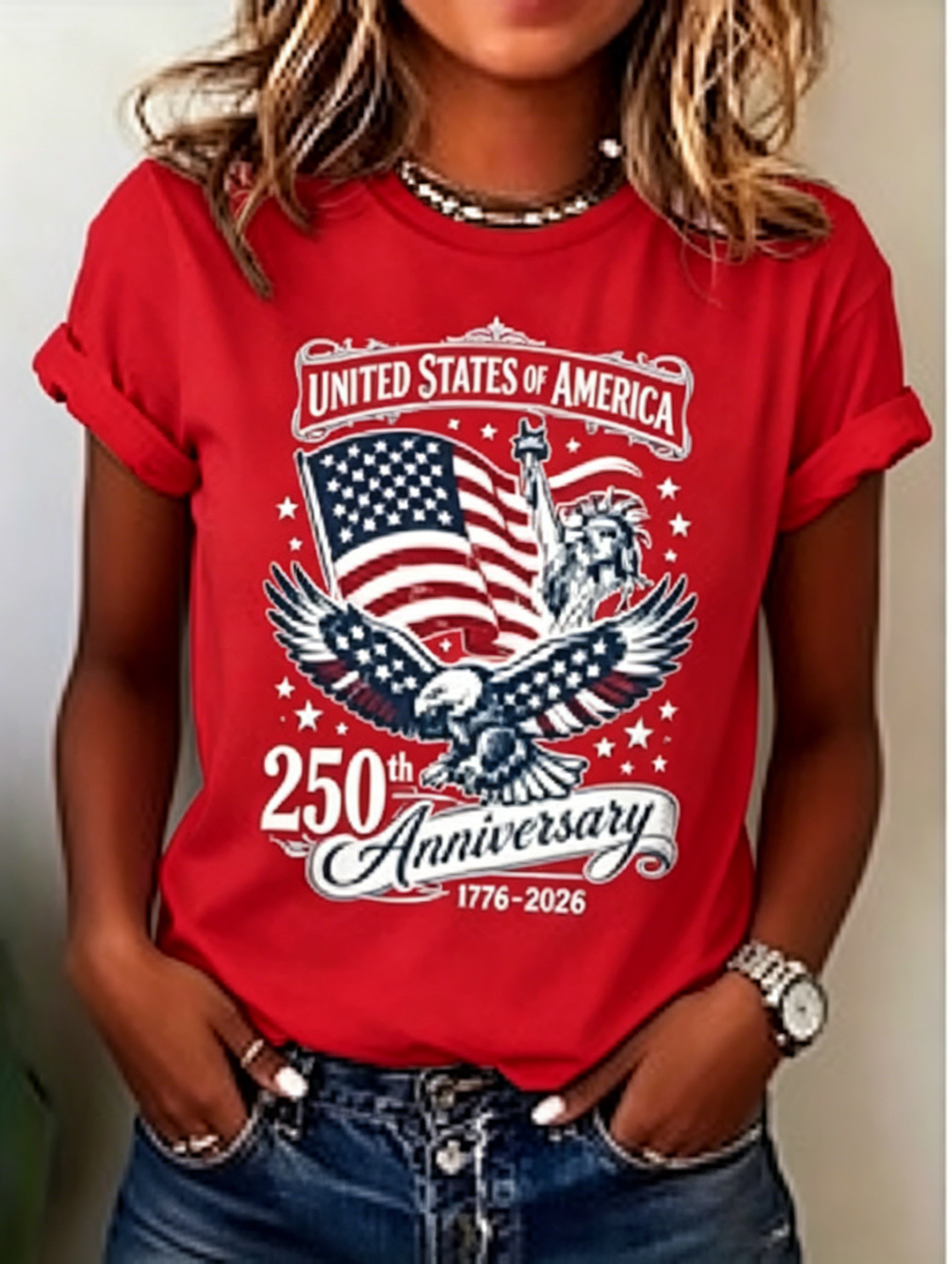 Independence Day 250 Years Freedom Eagle Flag Women's Crew Neck Short Sleeve Top