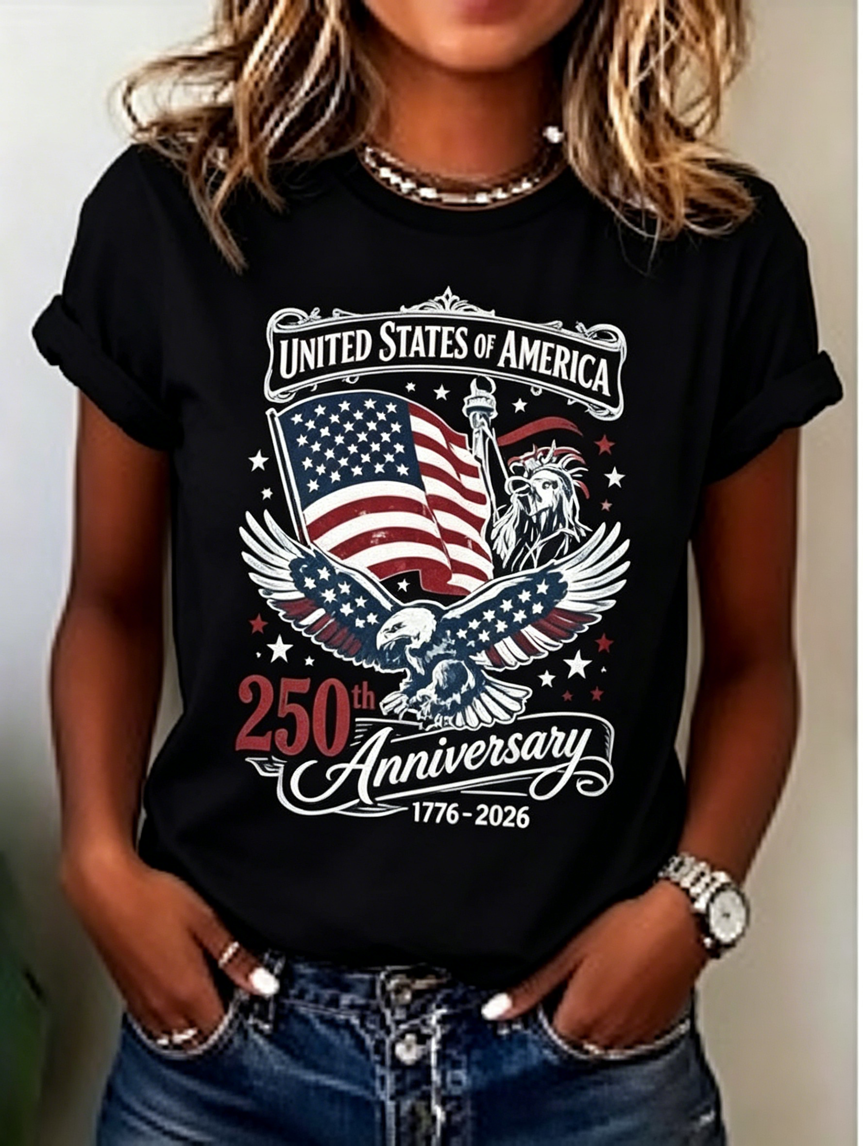 Independence Day 250 Years Freedom Eagle Flag Women's Crew Neck Short Sleeve Top