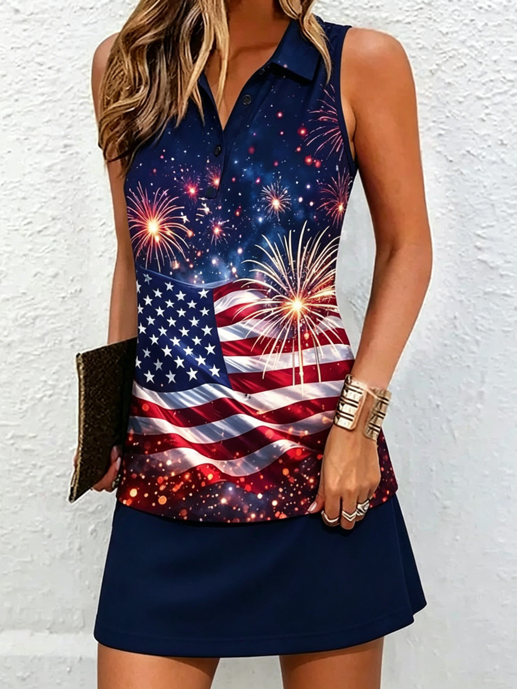 Patriotic Firework American Flag Print Women's Sleeveless Golf Polo Tank