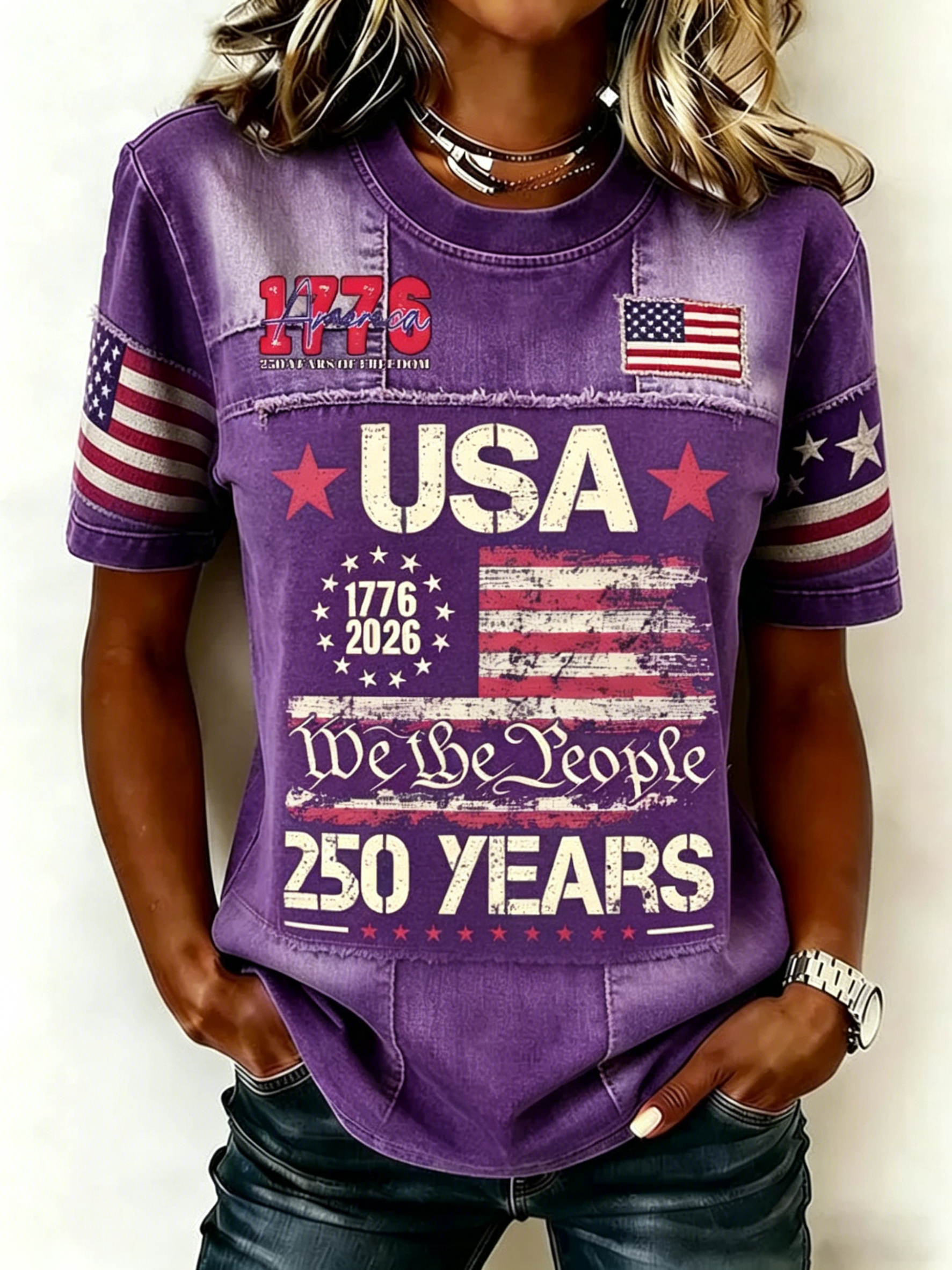 Patriotic Patchwork American Flag Sleeve Print Crew Neck Casual Tee For Women