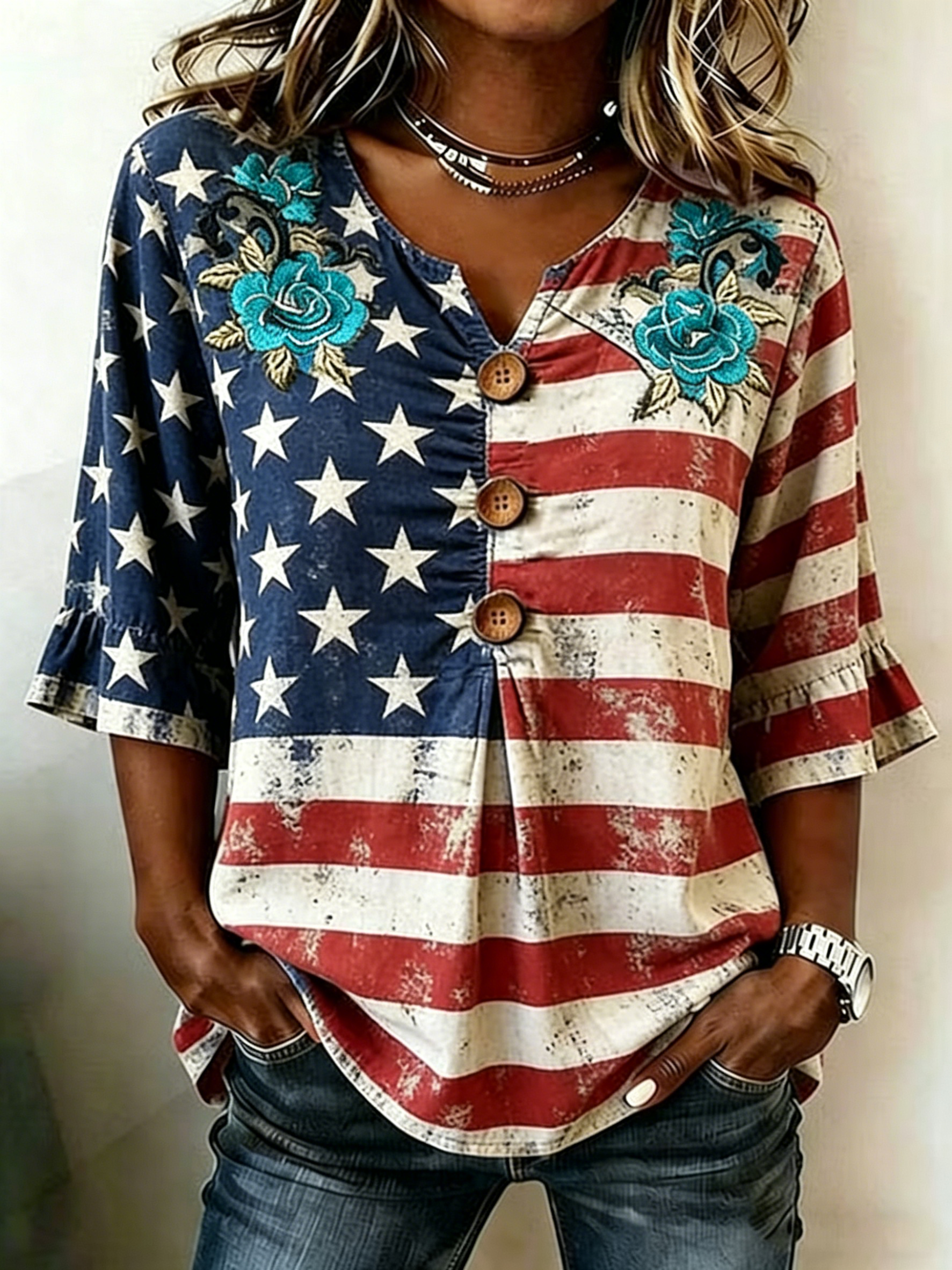 Women Floral Embroidery American Flag Notched V Neck Ruffle Sleeve Patriotic Casual Blo