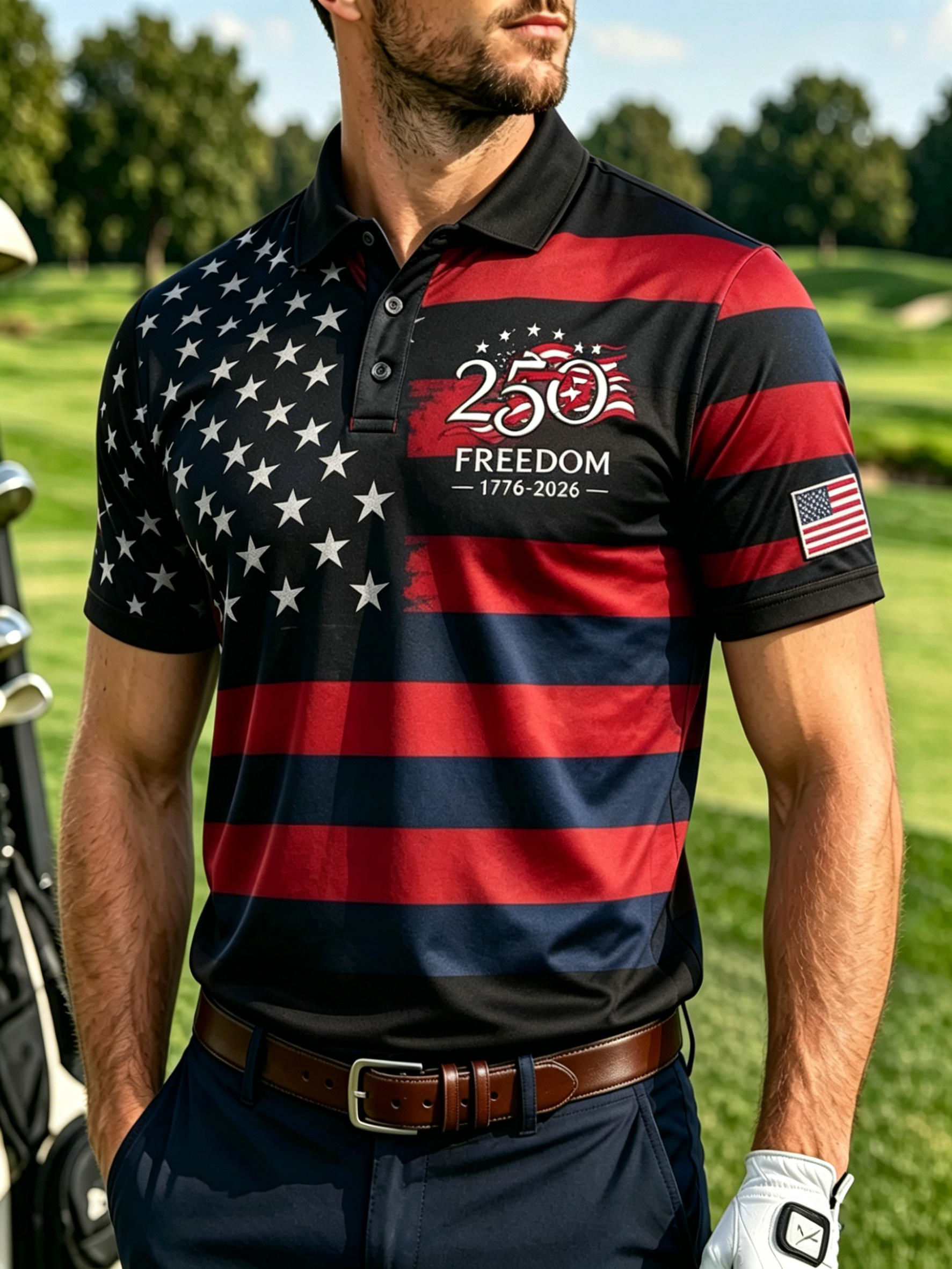 Men Split Star Stripe American Flag 250 Years Freedom Patriotic Golf Polo Shirt