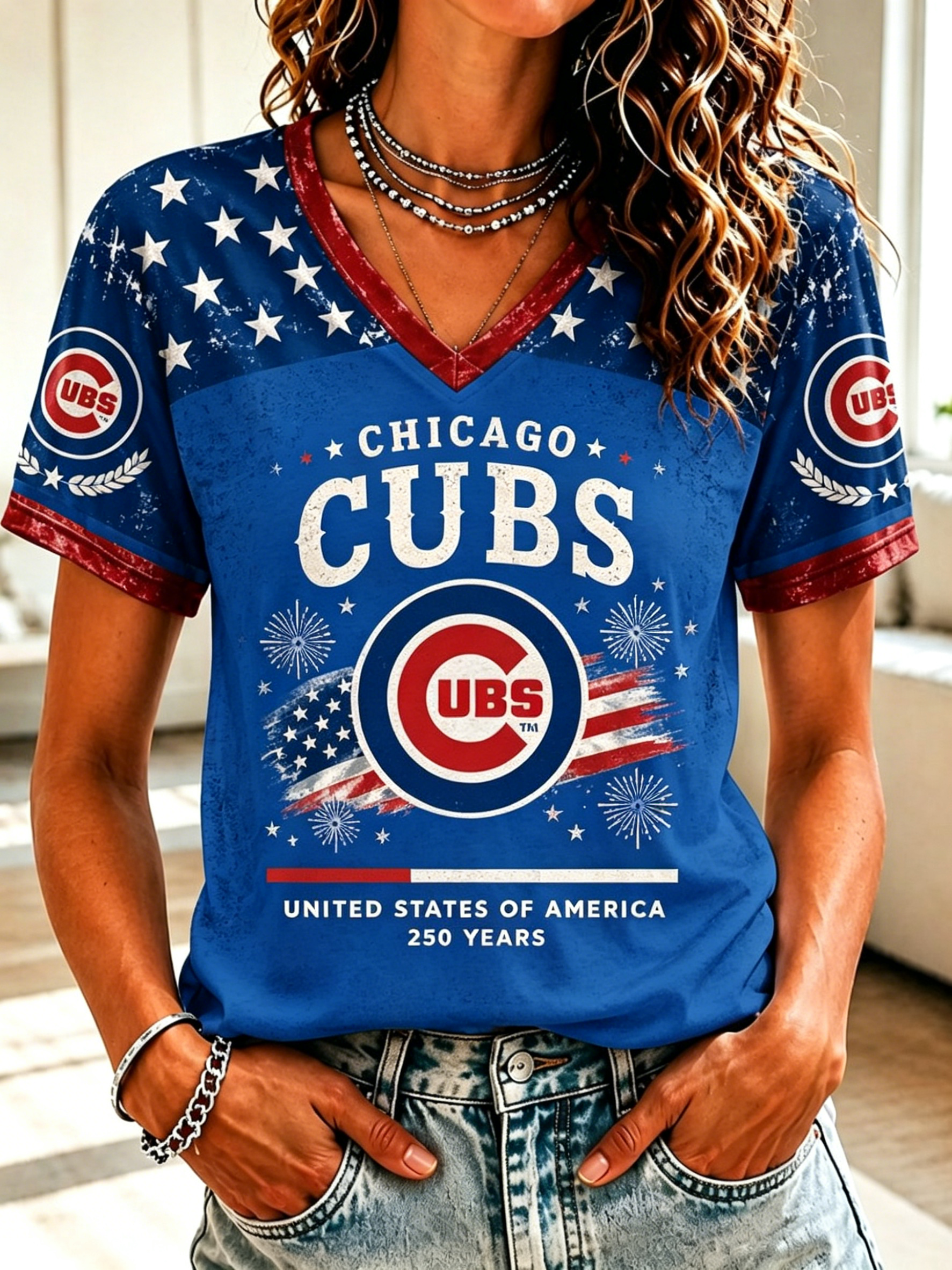 Star Stripe Raglan Sleeve Chicago Sports Team 250th Anniversary Ladies Holiday T-Shirt