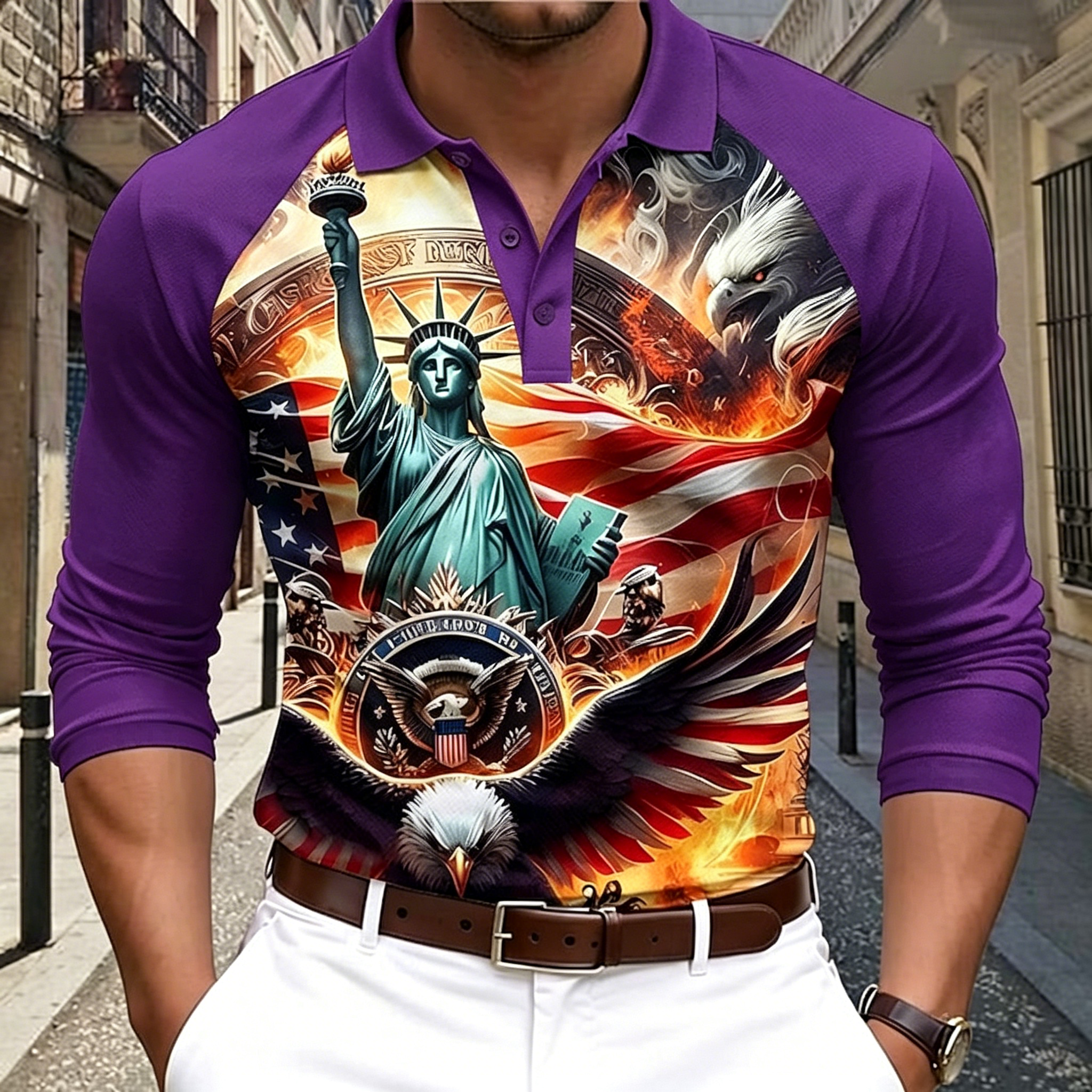 Vintage Flame USA Flag Eagle Print Three Quarter Sleeve Performance Polo Shirt