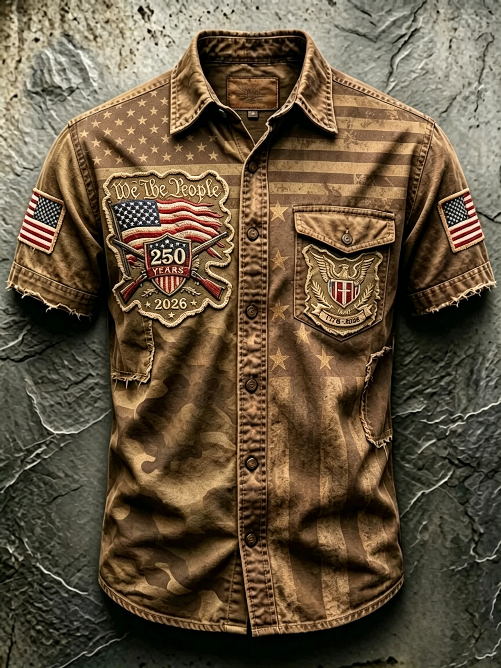 Frayed Edge Camo Patriotic Letter Print Lapel Collar Casual Denim Shirt For Men