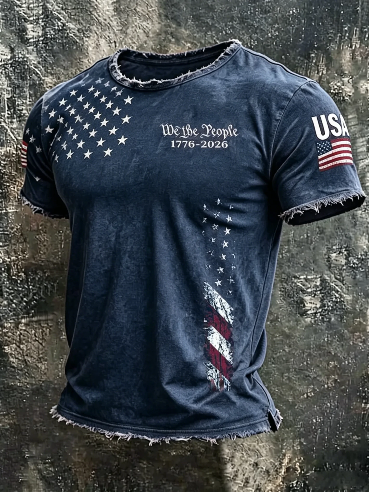 Men's America 250Th Anniversary We The People Distressed Fringed Flag Print T-Shirt