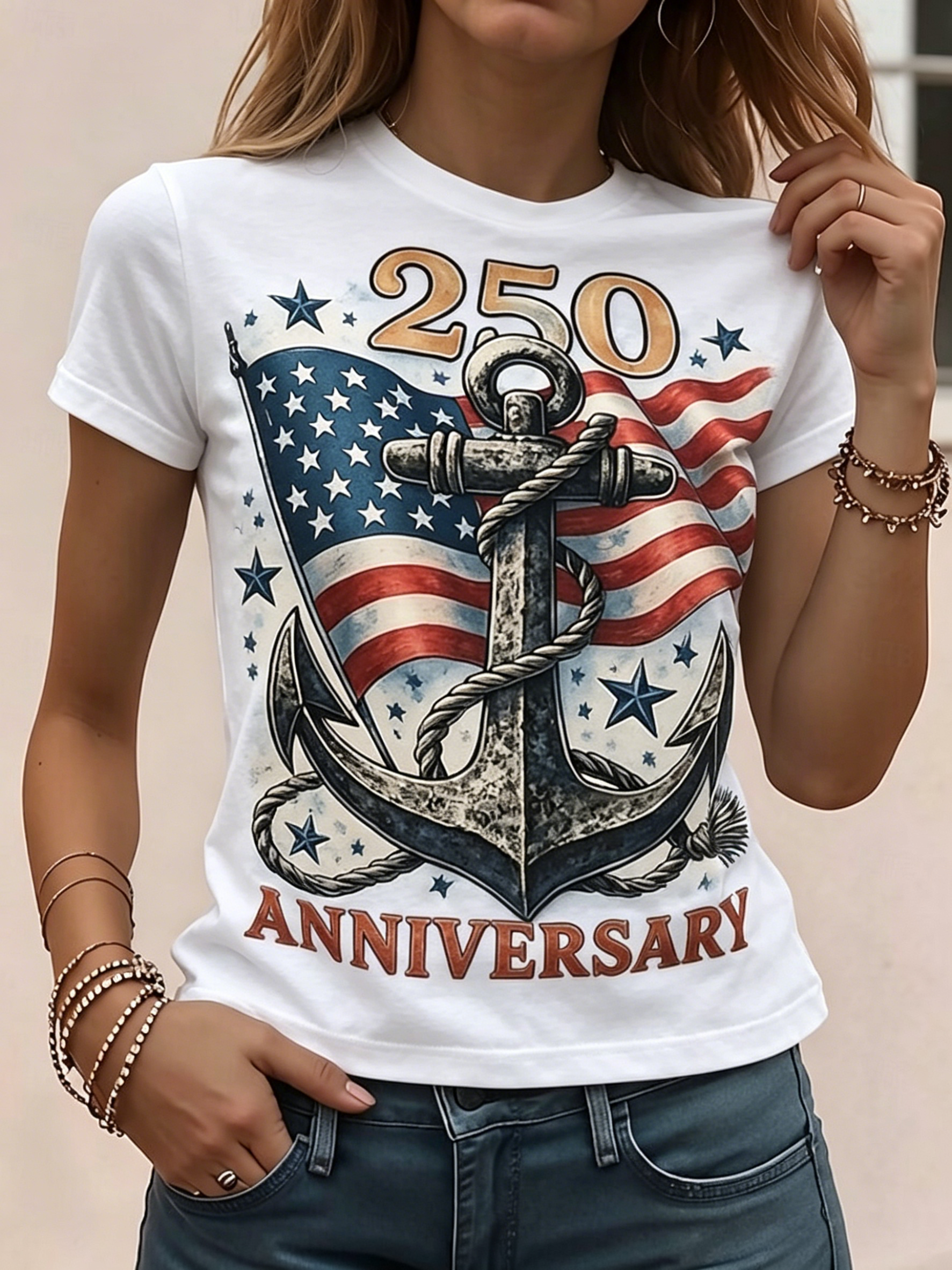 Women’s Patriotic Anchor & Flag Graphic T-Shirt, 250th Anniversary Top, Multiple Colors Available