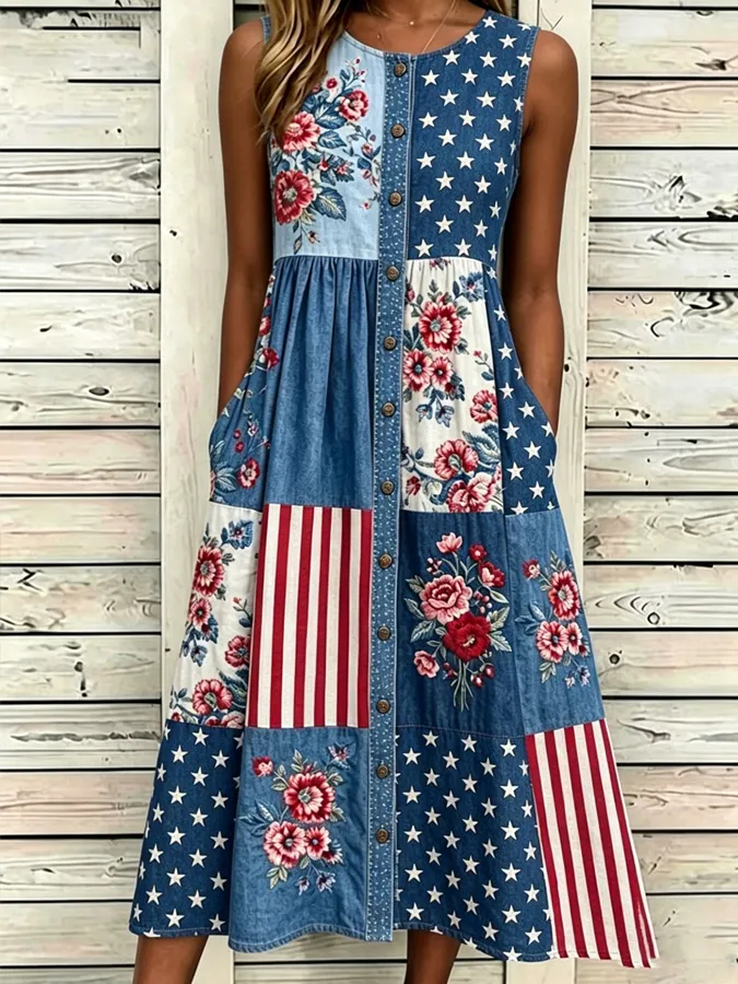🔥Last Day 49% Off🔥Women'S Casual Sleeveless Round Neck National Flag Floral Print Dress