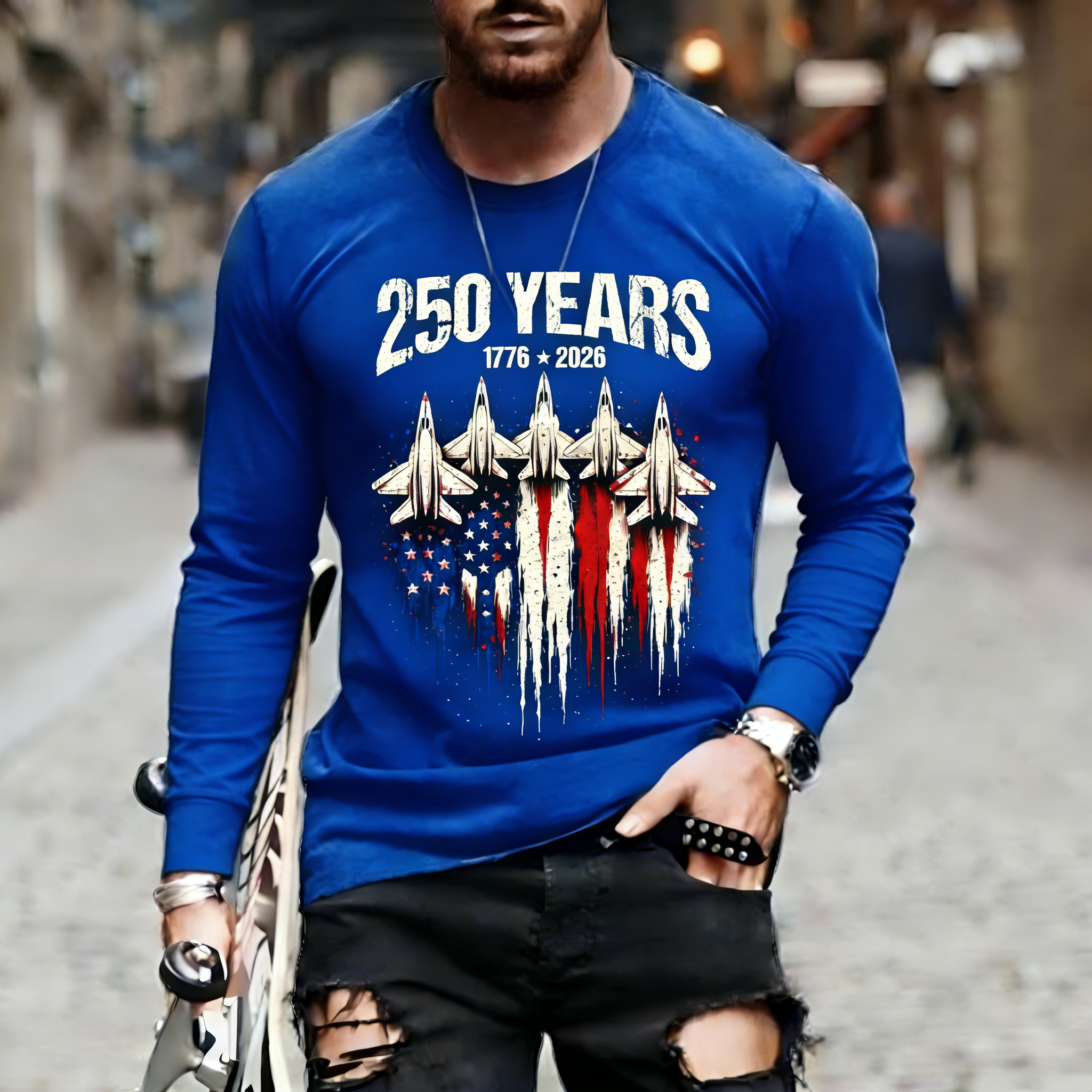 Men's Retro 250th Anniversary of the United States Independence Day Fighter Jet Long Sleeve T-Shirt