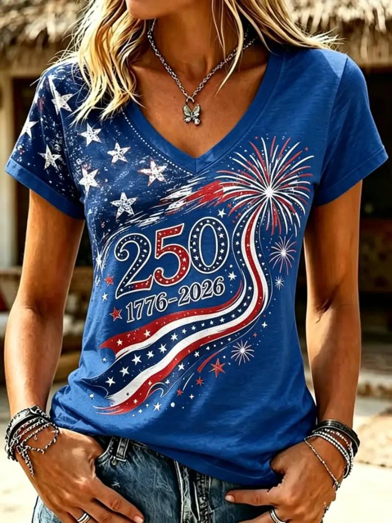 Women's Patriotic Firework 250th Anniversary V-Neck T-Shirt