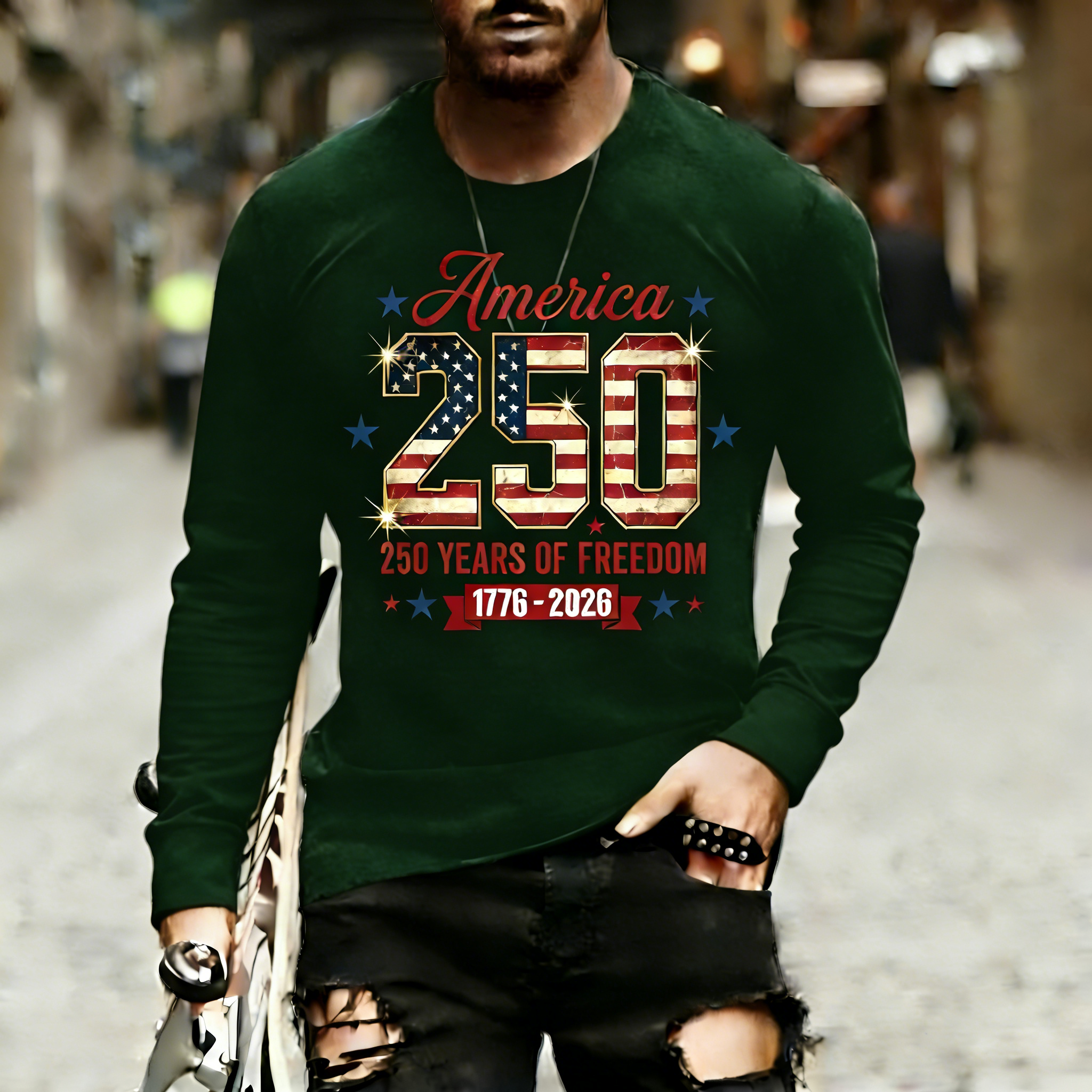 Men's Retro 250th Anniversary of the United States Independence Day America 250 Flag Print T-Shirt