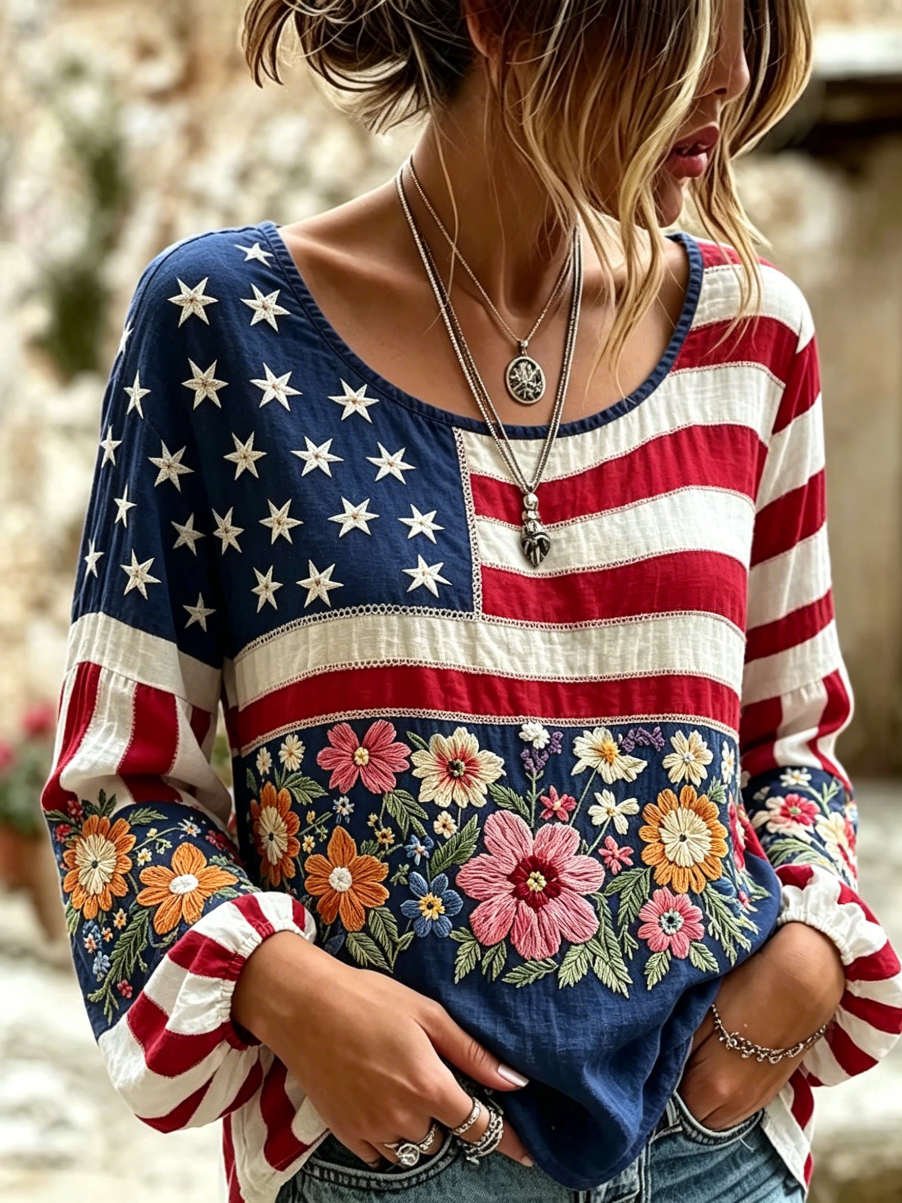 Women Boho Lace Trim American Flag Print Long Puff Sleeve Patriotic Casual Blouse