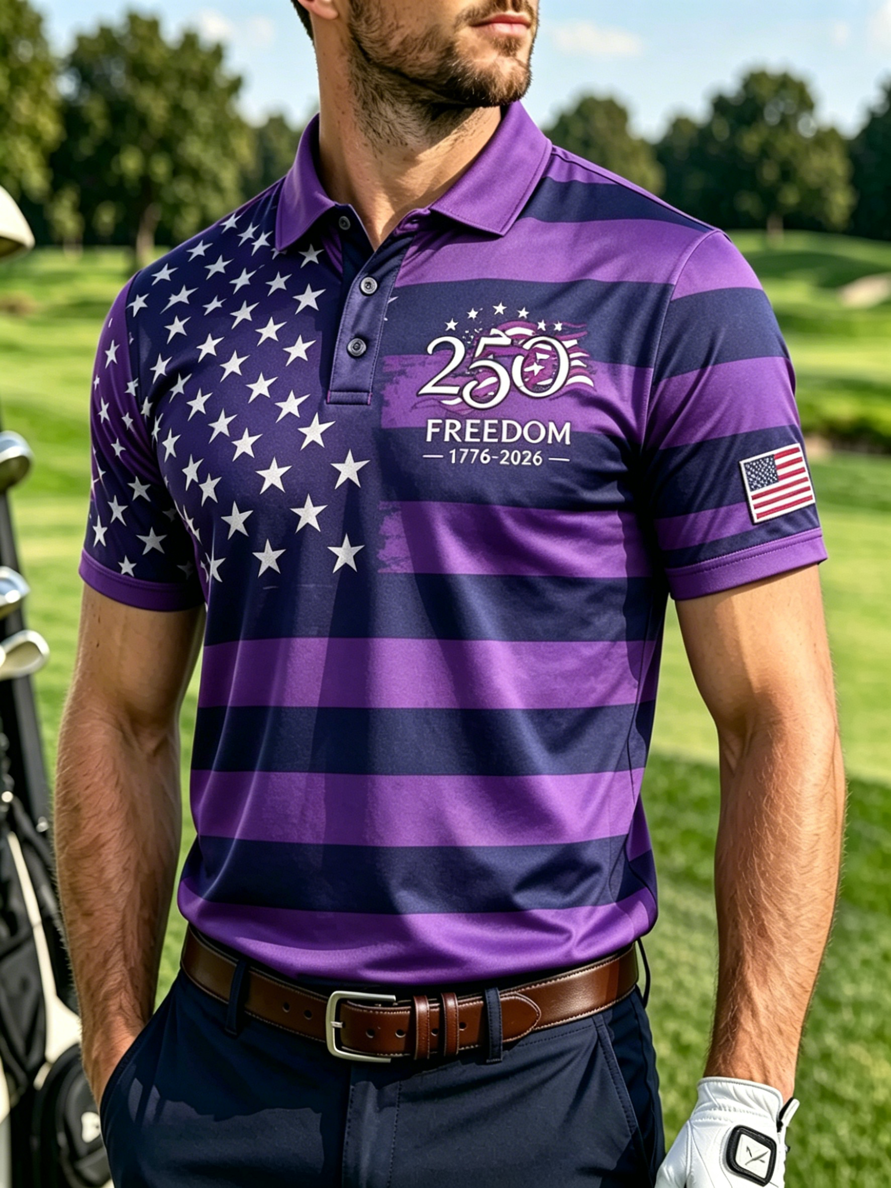 Men Split Star Stripe American Flag 250 Years Freedom Patriotic Golf Polo Shirt