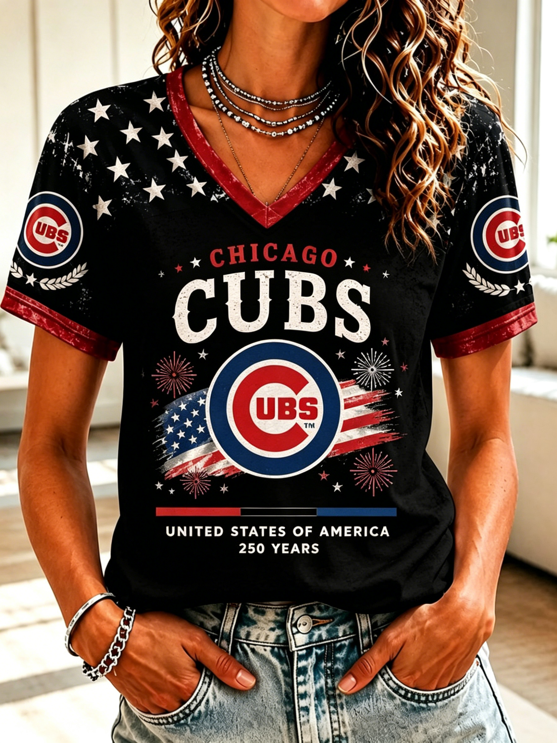 Star Stripe Raglan Sleeve Chicago Sports Team 250th Anniversary Ladies Holiday T-Shirt