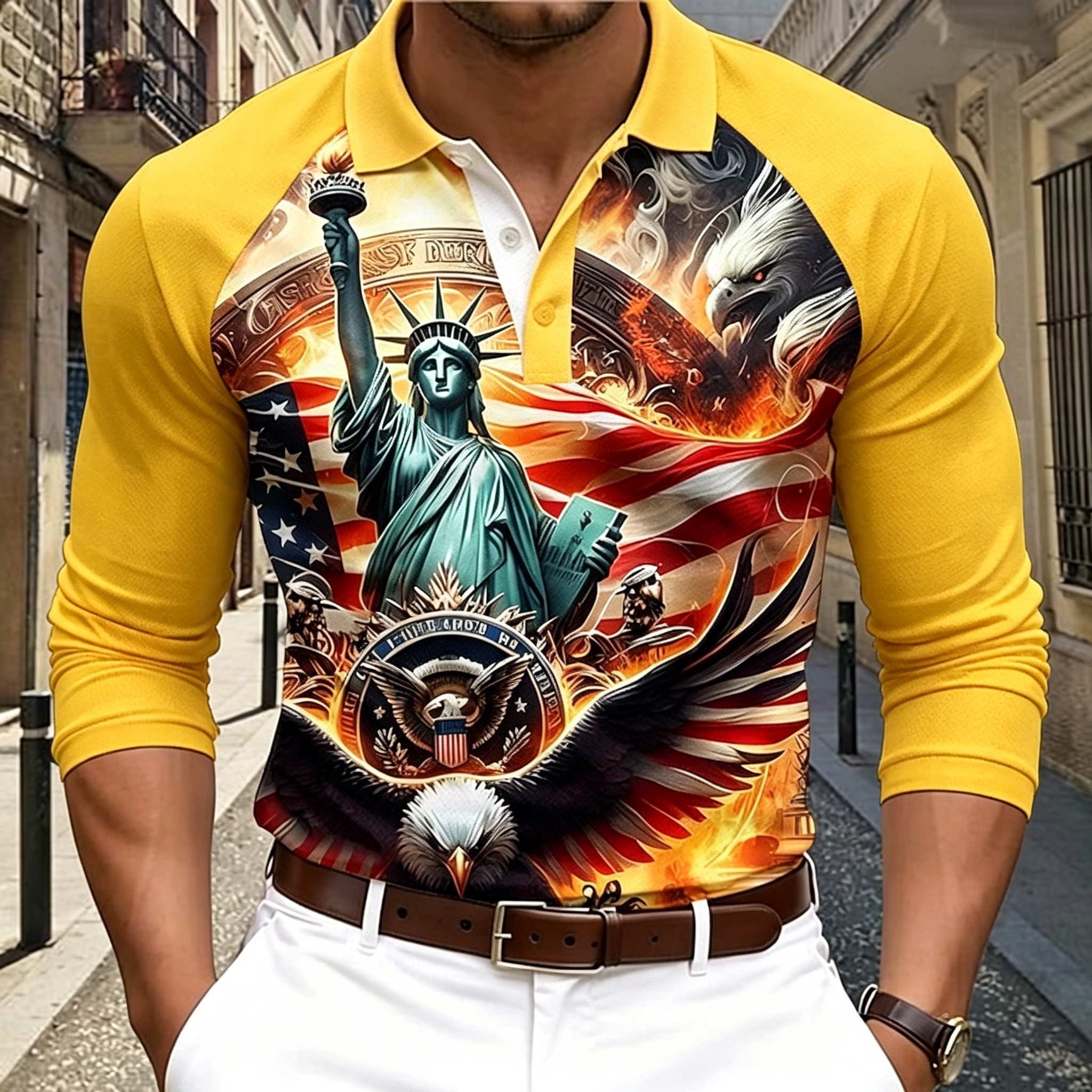 Vintage Flame USA Flag Eagle Print Three Quarter Sleeve Performance Polo Shirt