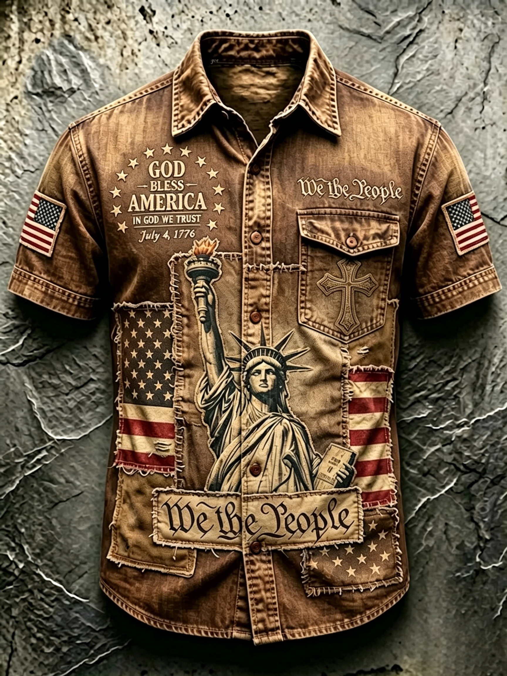 Men's Vintage Statue Of Liberty Flag Graphic Short Sleeve Button Down Denim Shirt