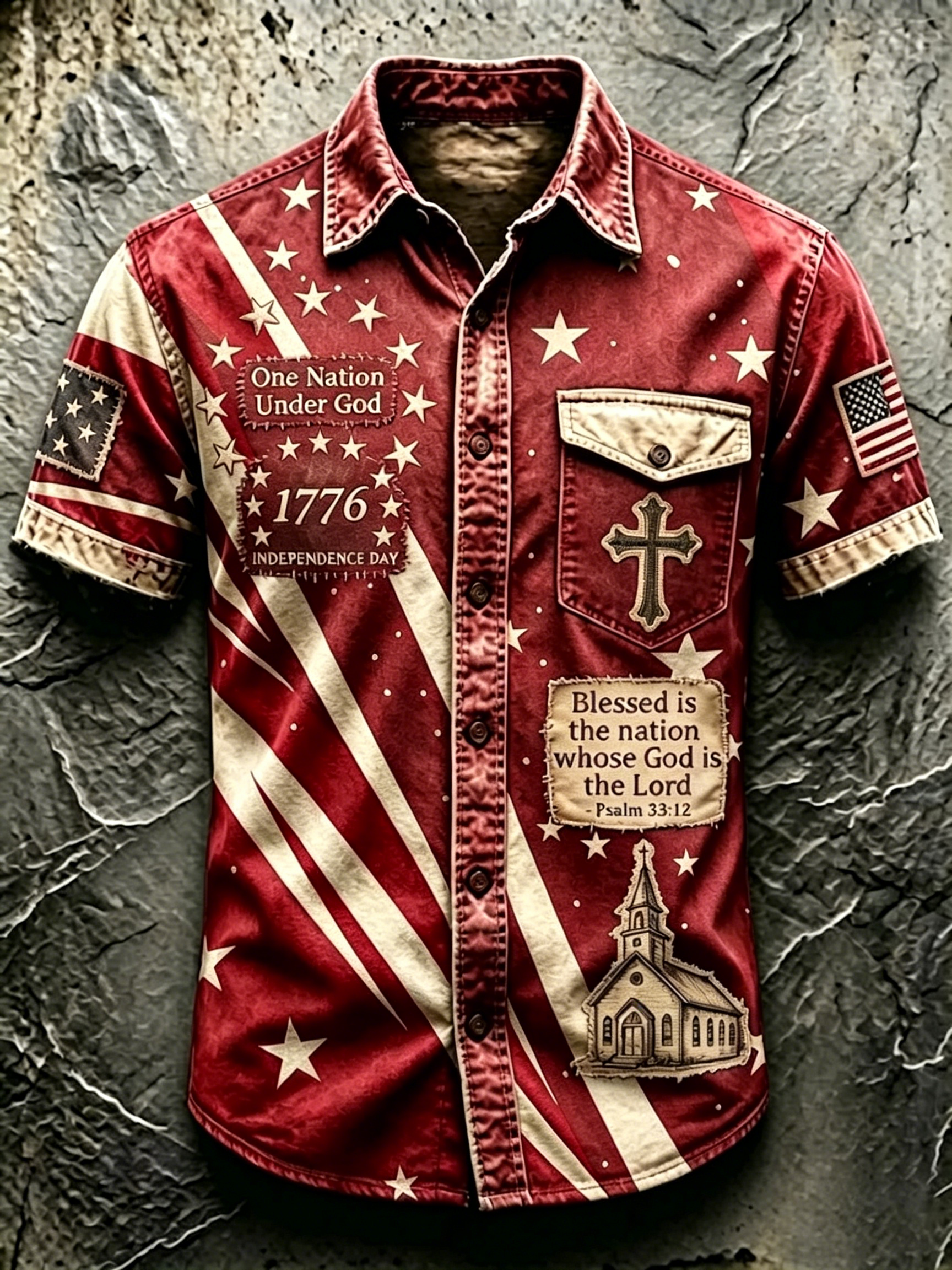 Men Vintage Star Stripe Religious Cross Graphic Short Sleeve Button Down Denim Shirt