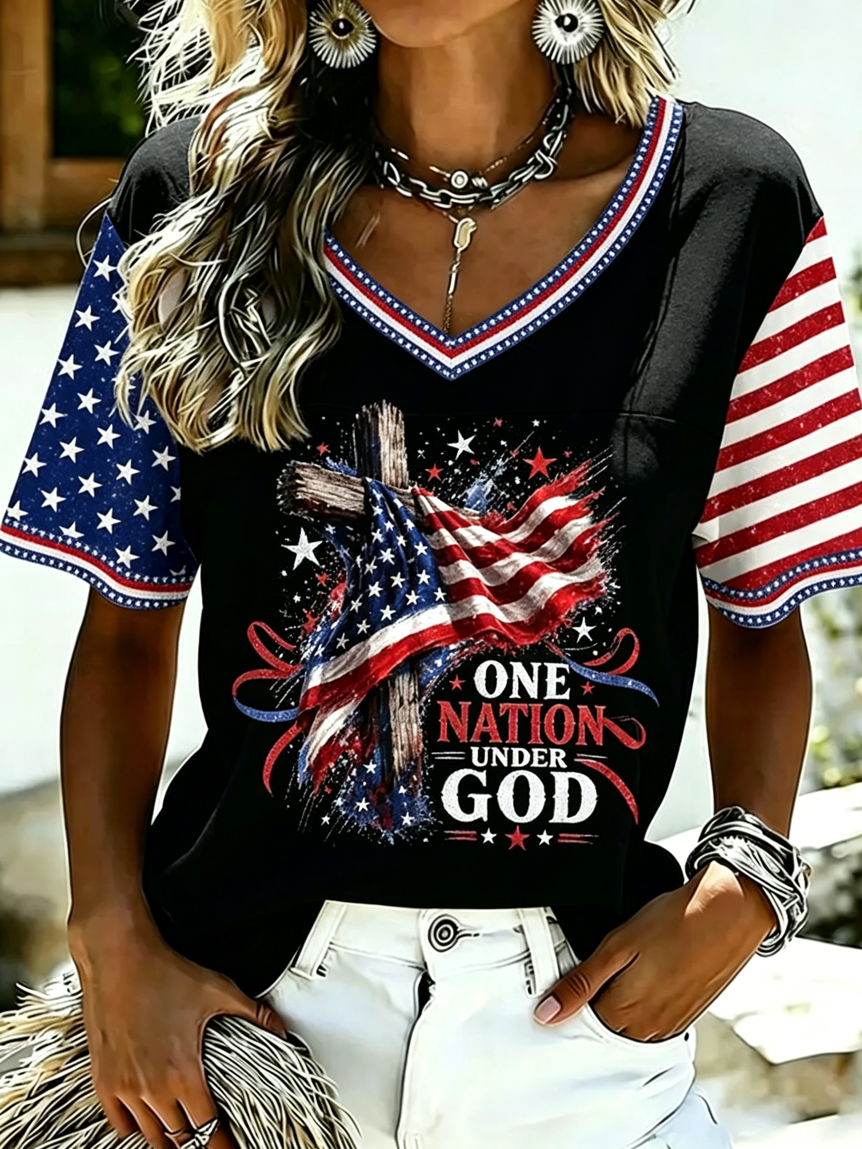 Star Stripe Color Block Sleeve Retro Patriotic Graphic Ladies Casual Te