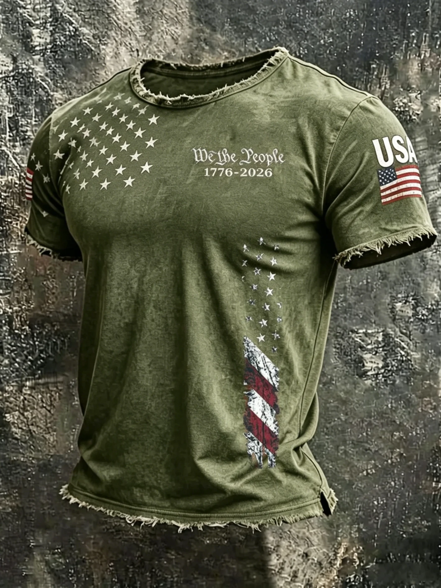 Men's America 250Th Anniversary We The People Distressed Fringed Flag Print T-Shirt