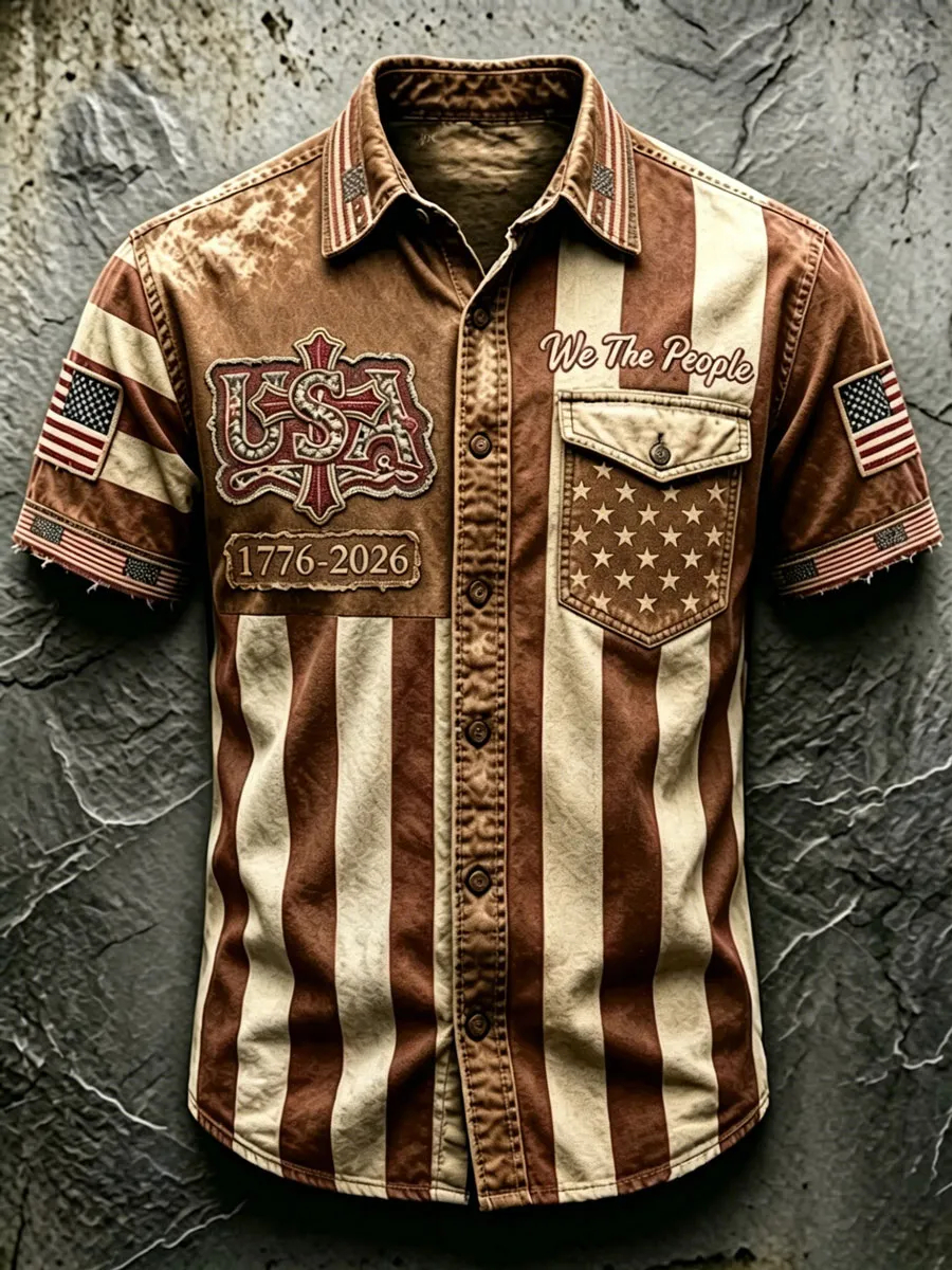 Men's Vintage USA Flag 1776-2026 Short-Sleeve Button-Down Shirt - Patriotic "We The People" Print