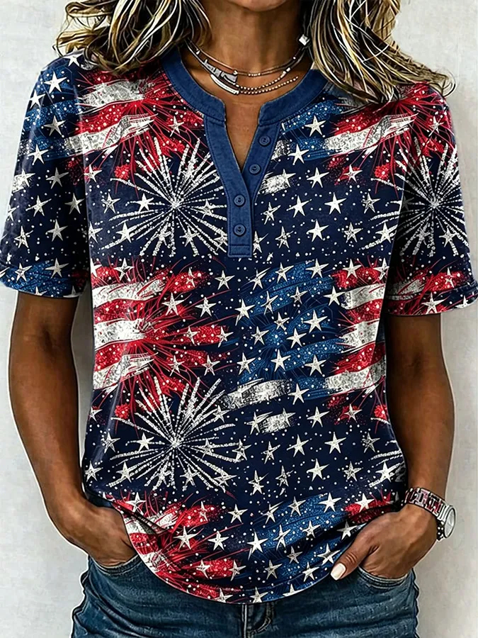 Women's Patriotic Fireworks & Star Print Henley T-Shirt