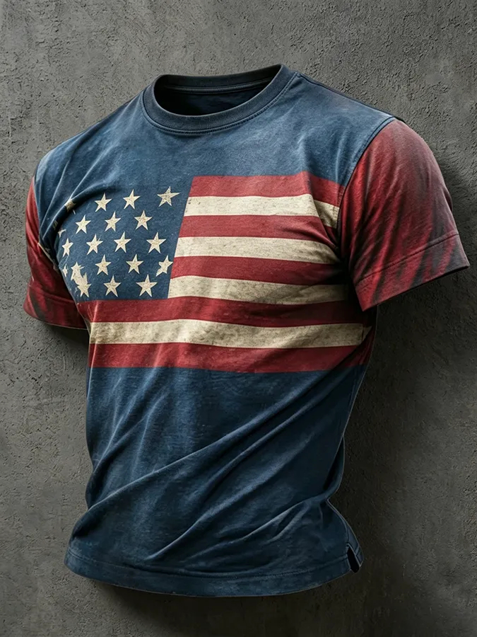 Men's Vintage Washed American Flag Print T-Shirt