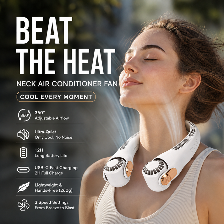 Neck Air Conditioner Fan – Ultra-Quiet, 360° Rotating, 3-Speed Hands-Free Cooling Fan, Long Battery, Summer Essential