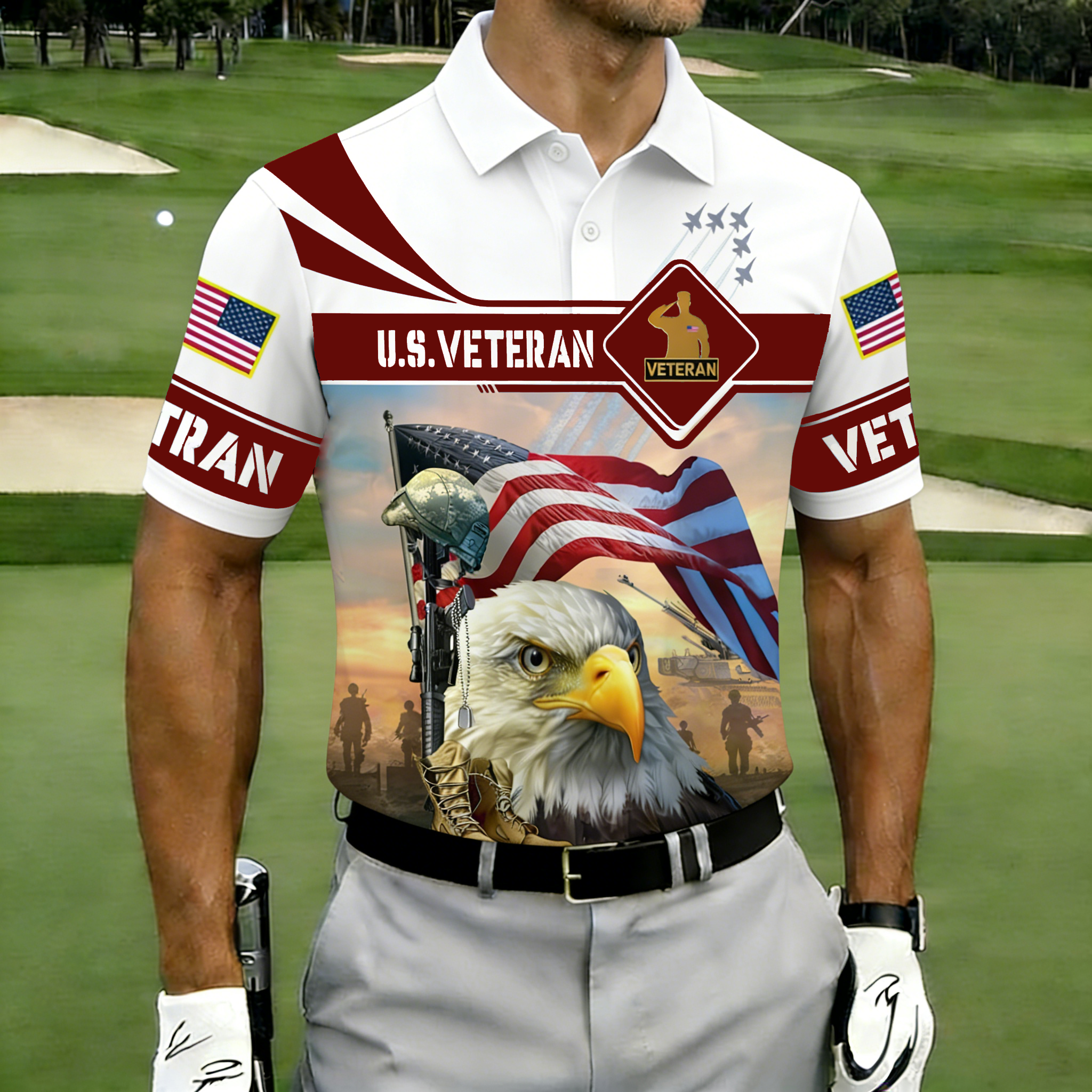 Men's U.S. Veteran Patriotic American Flag Bald Eagle Military Golf Polo Shirt-Multiple Color Options