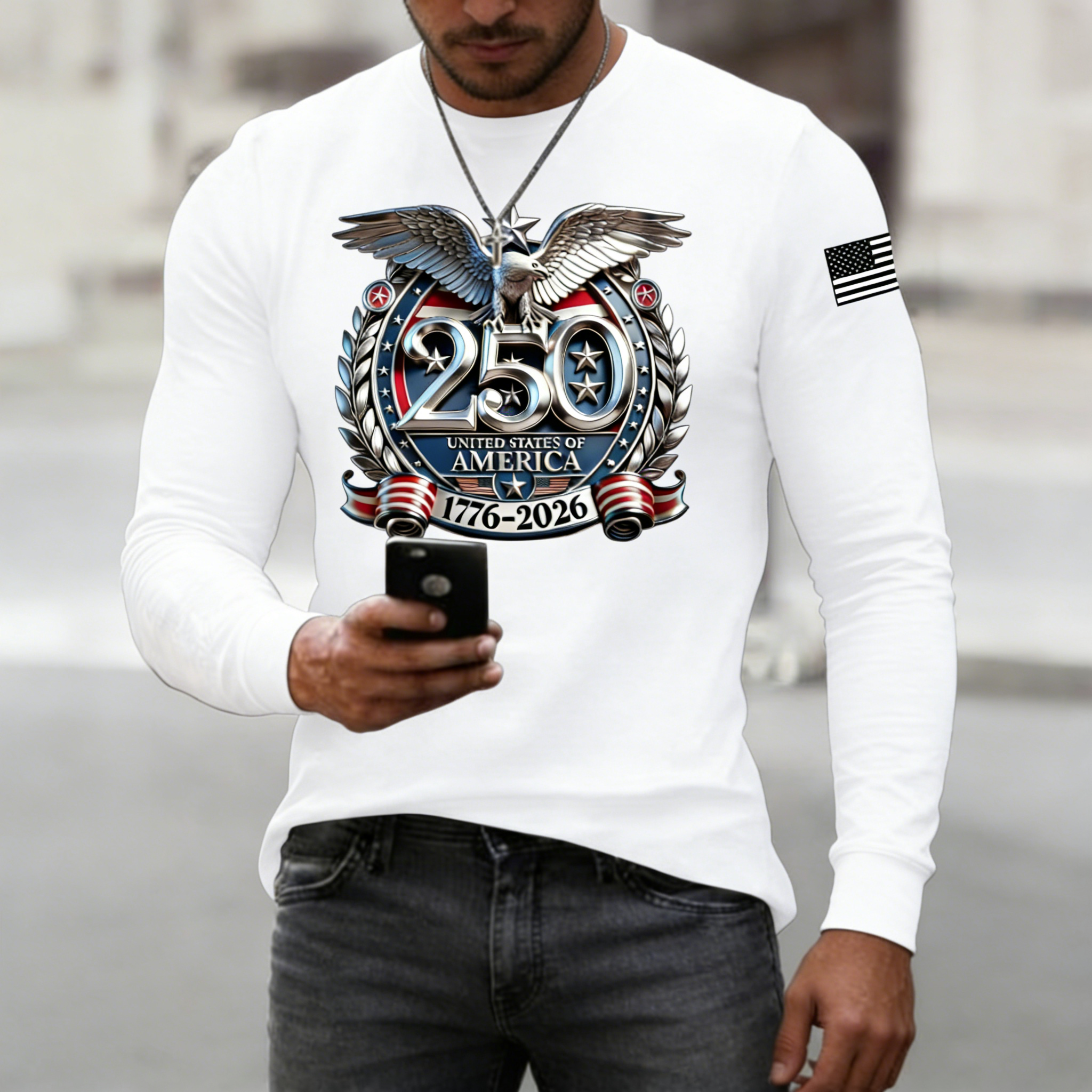 Men's USA 250th Anniversary Patriotic T-Shirt | Embroidered Bald Eagle American Flag Short Sleeve Tee