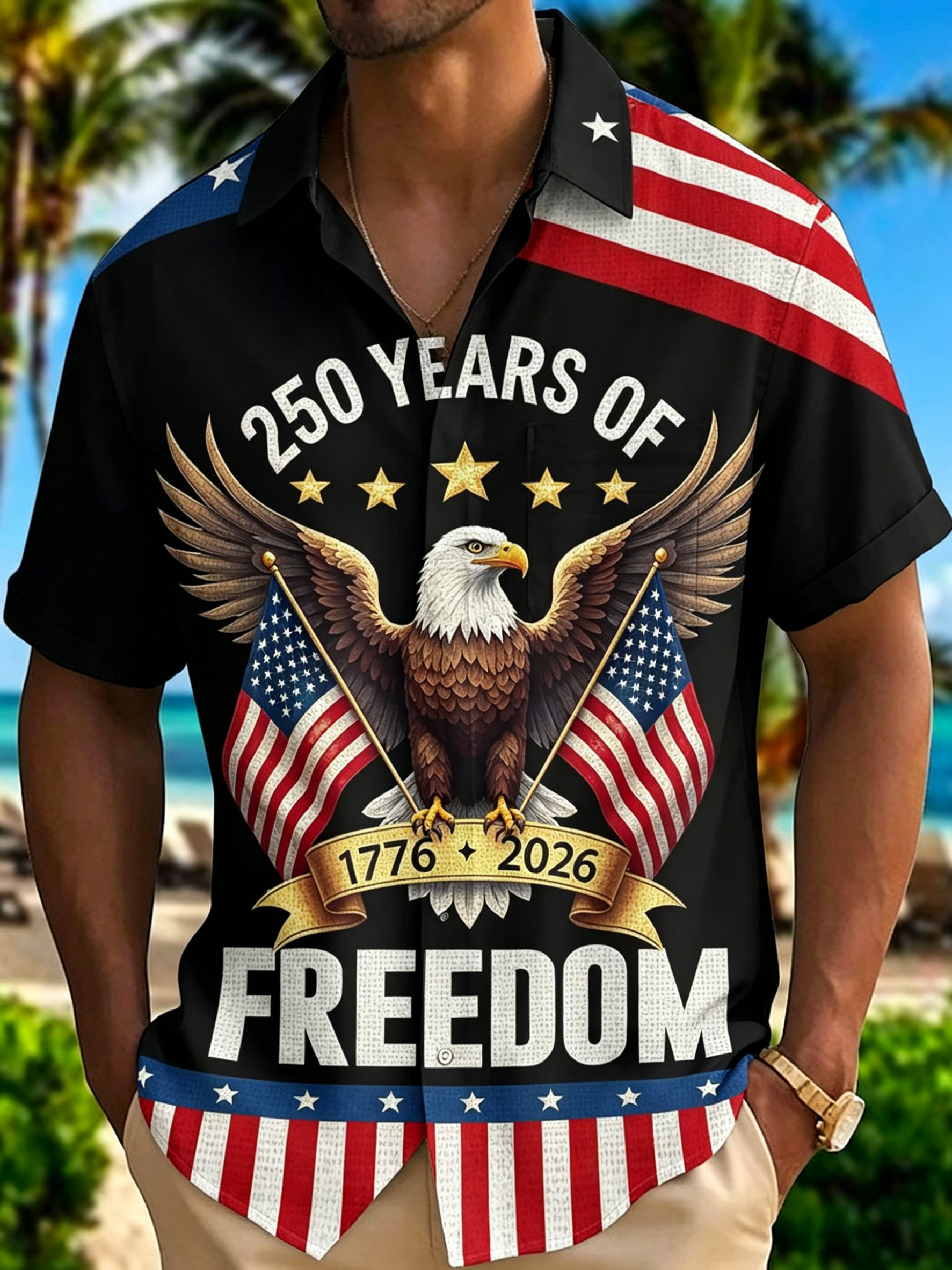 250th Anniversary American Flag Eagle Print Men's Button-Down Pocket Short-Sleeve Shirt (Big & Tall)