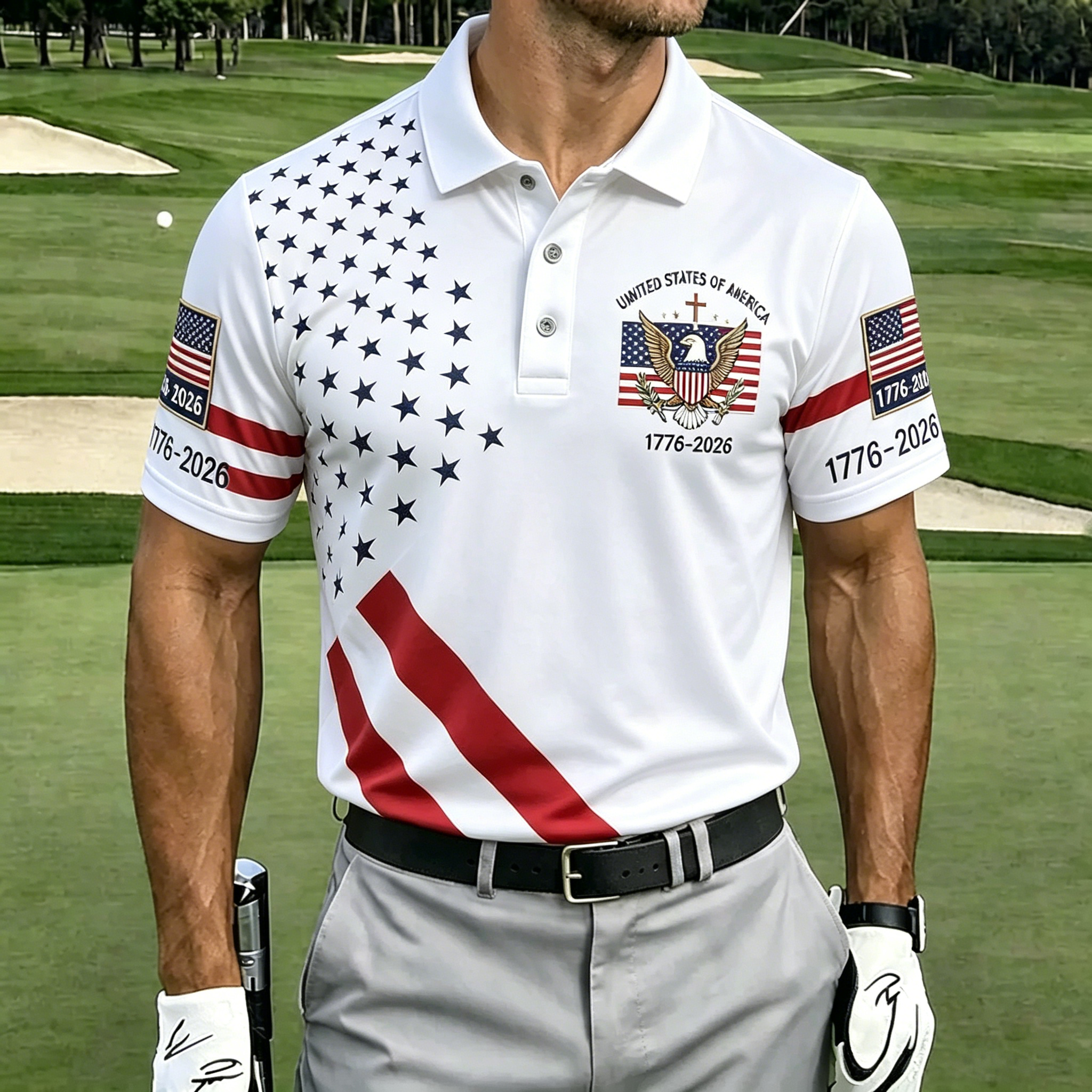 USA 250th Anniversary Distressed American Flag Golf Polo Shirt | Tactical Eagle Patriotic Polo