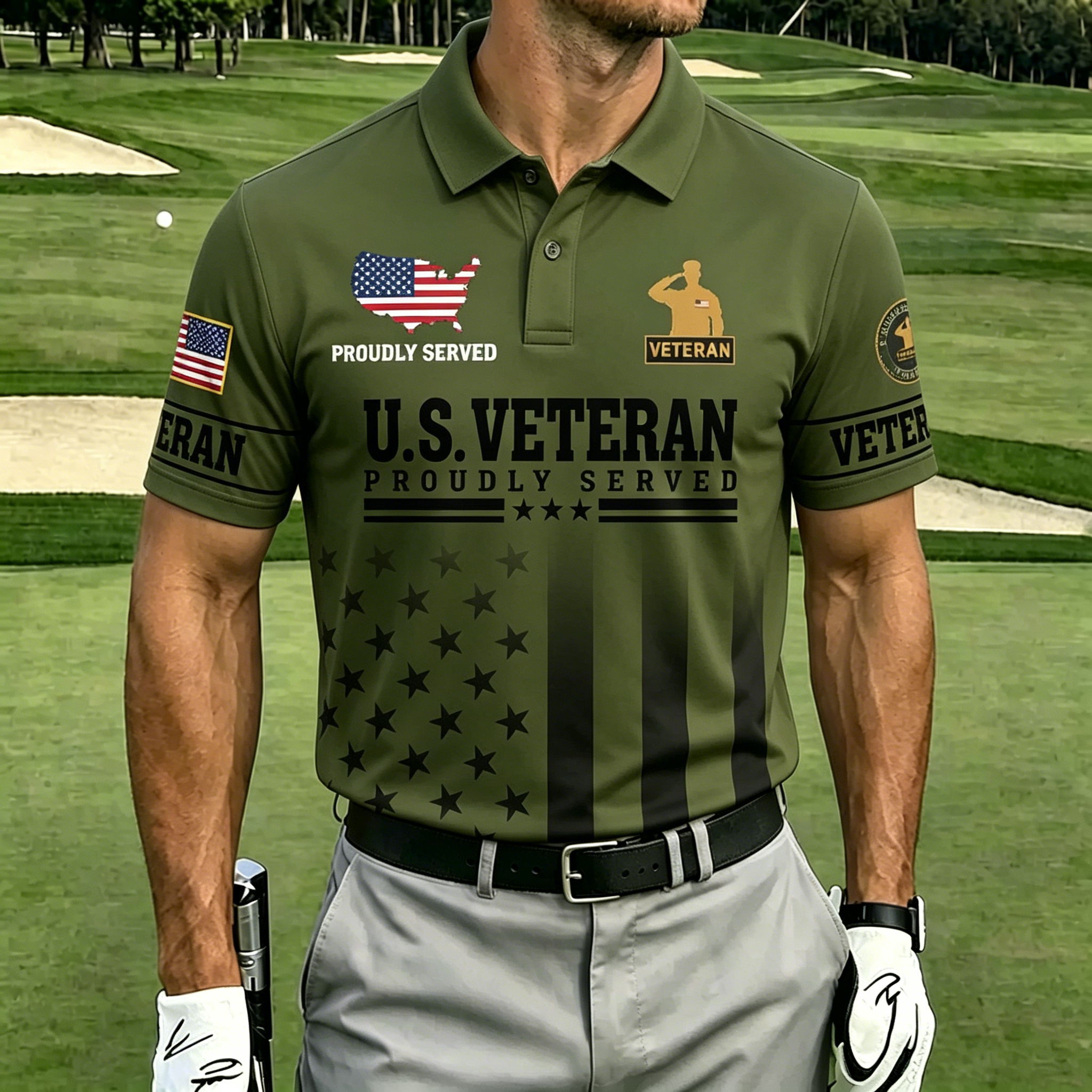 U.S. Veteran Proudly Served Patriotic Golf Polo Shirt | American Flag Star Stripe Short Sleeve Polo for Men