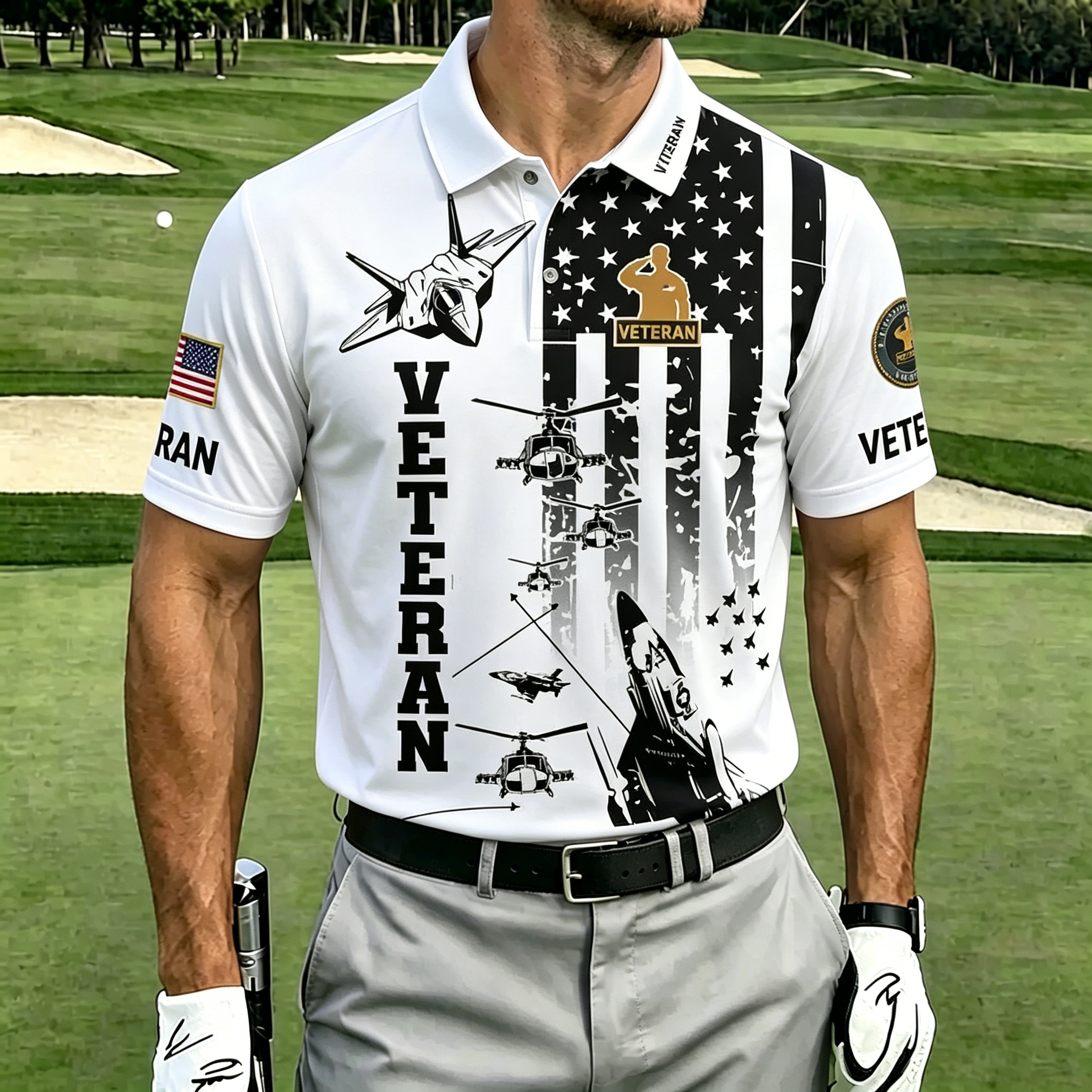 U.S. Veteran Military Aircraft Flag Golf Polo Shirt – All Over Print, Moisture-Wicking, Patriotic Tribute
