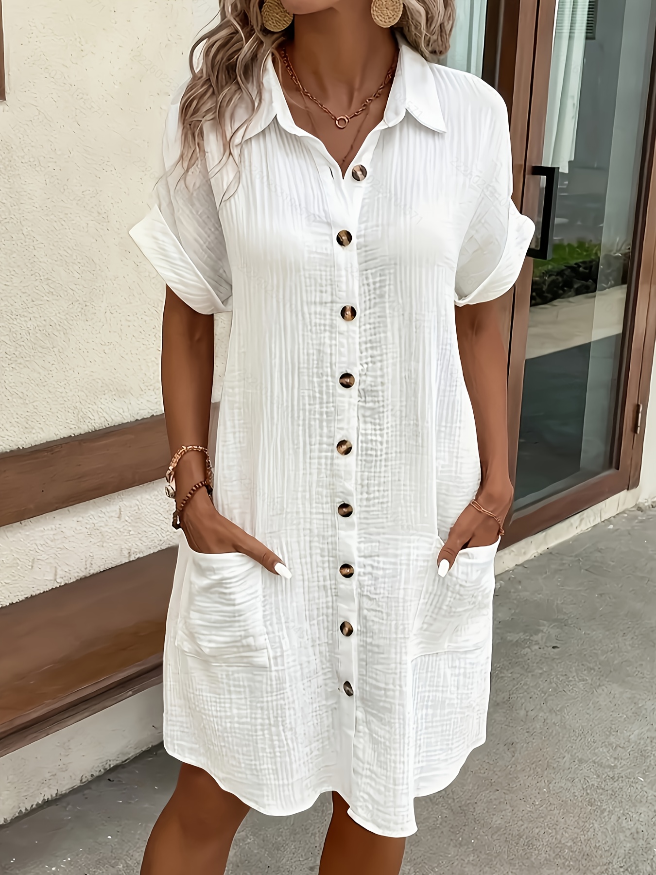 Vacation Vertical Wrinkle Textured Collared Roll Short Sleeve Pocket Button Front Women Shirt Dress