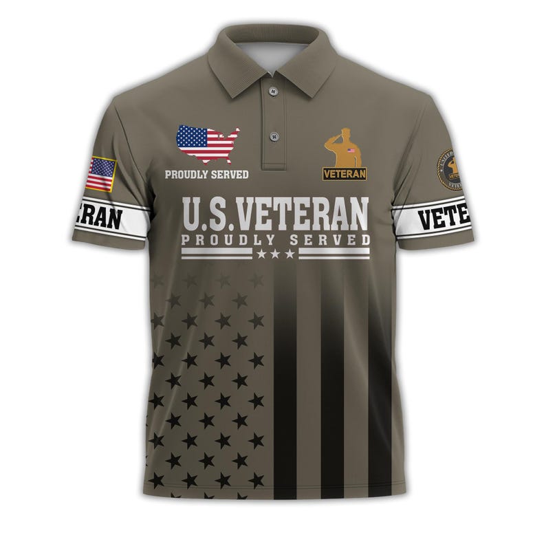 U.S. Veteran Proudly Served Patriotic Golf Polo Shirt | American Flag Star Stripe Short Sleeve Polo for Men
