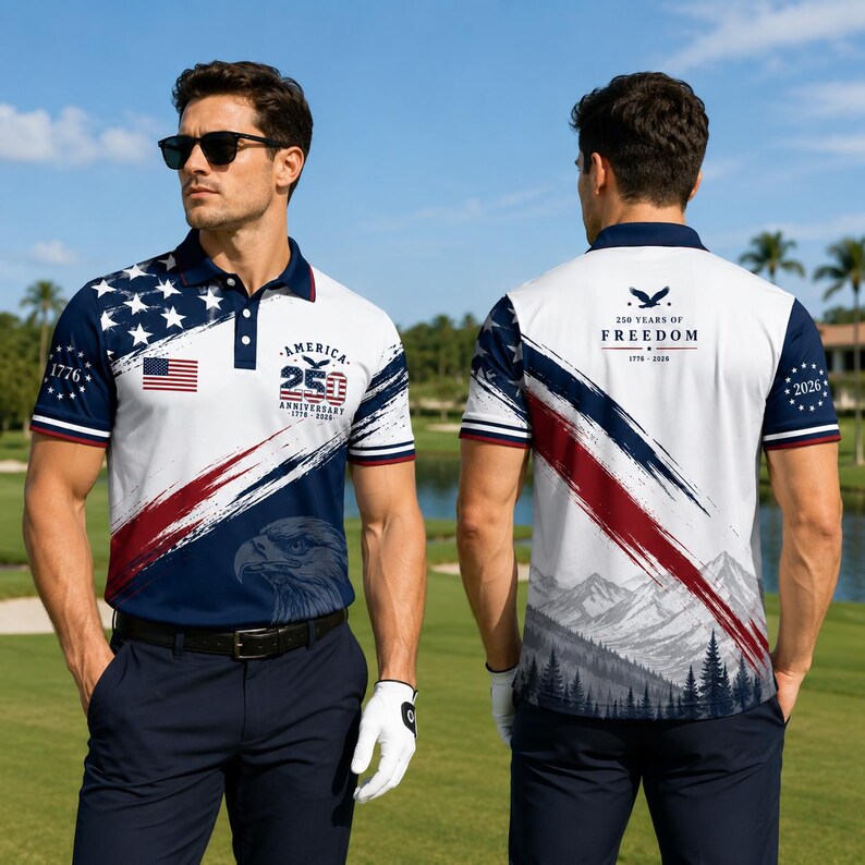 USA 250th Anniversary Couple Polo Shirt 1776-2026, Patriotic American Flag Golf, 4th of July Shirt, Gift for Dad, Veteran, Gift for Mom Dad
