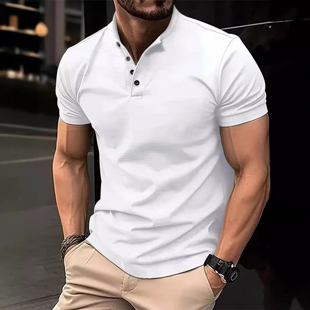 Mens Solid Color Business Casual Short Sleeve Top