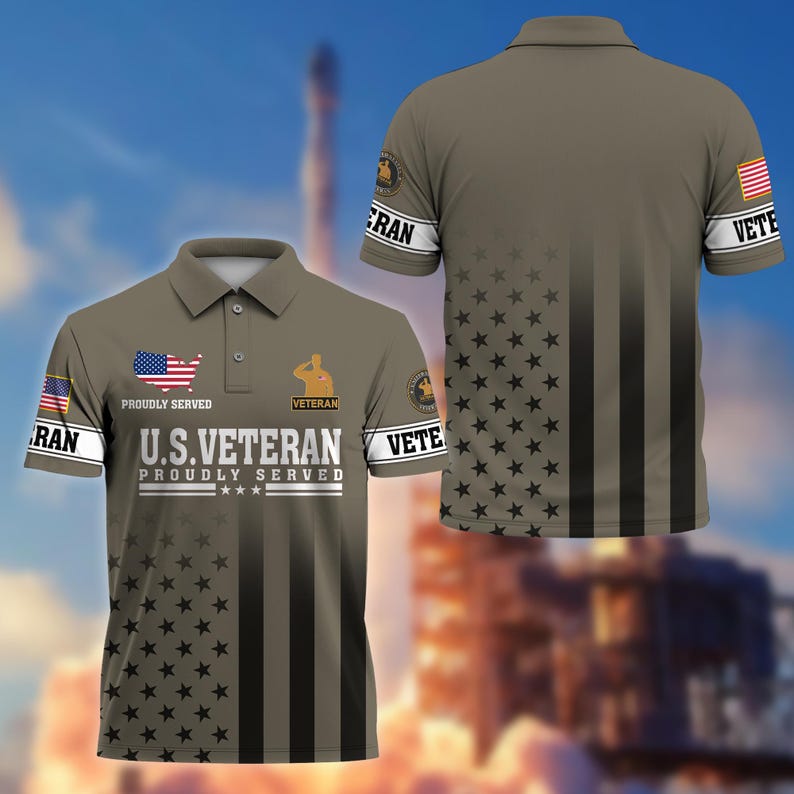 U.S. Veteran Proudly Served Patriotic Golf Polo Shirt | American Flag Star Stripe Short Sleeve Polo for Men