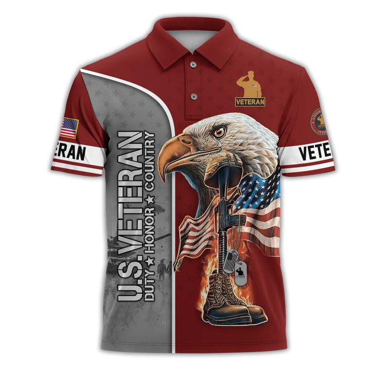 U.S. Veteran Eagle & American Flag Golf Polo Shirt – All Over Print, Moisture-Wicking, Patriotic Tribute