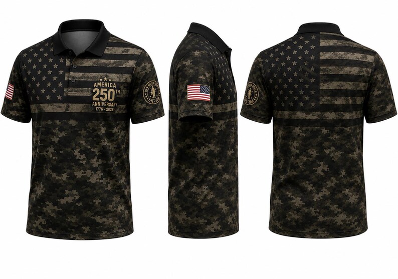 Men’s USA 250th Anniversary Polo Shirt, Camo American Flag Golf Shirt, 1776–2026 Patriotic Performance Polo, USA Military Style Casual Tee