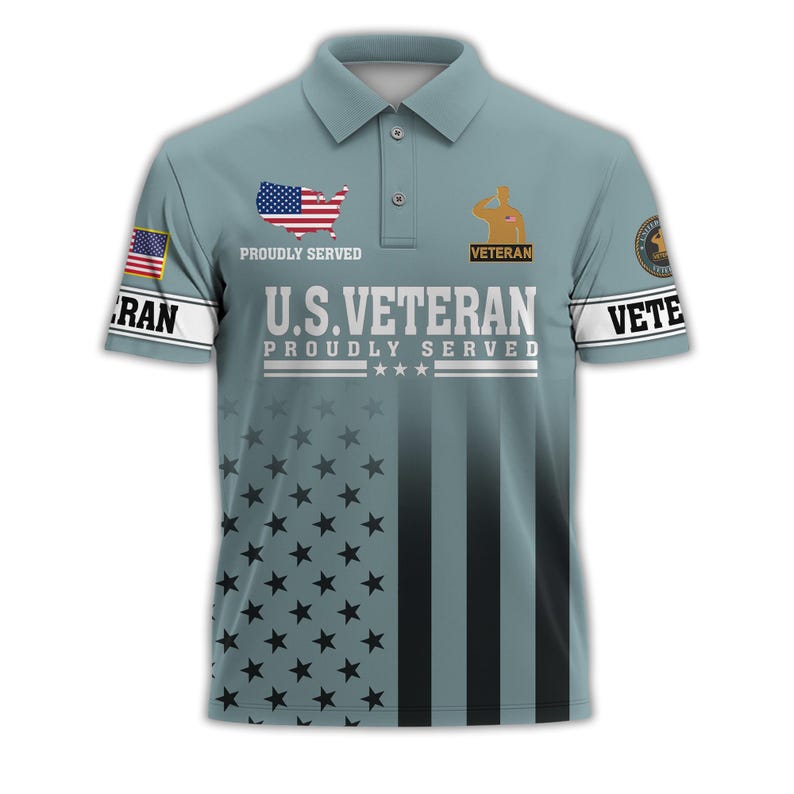 U.S. Veteran Proudly Served Patriotic Golf Polo Shirt | American Flag Star Stripe Short Sleeve Polo for Men